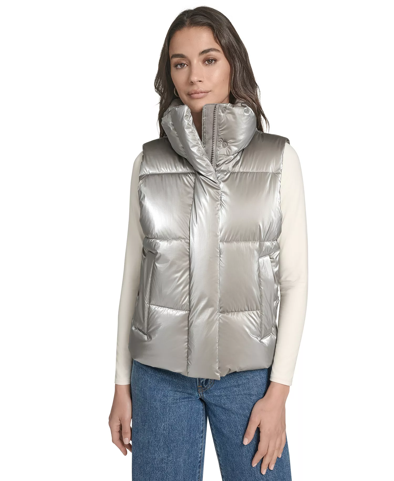 Women's Regular Stand Collar Puffer Vest Jacket - Silver - L