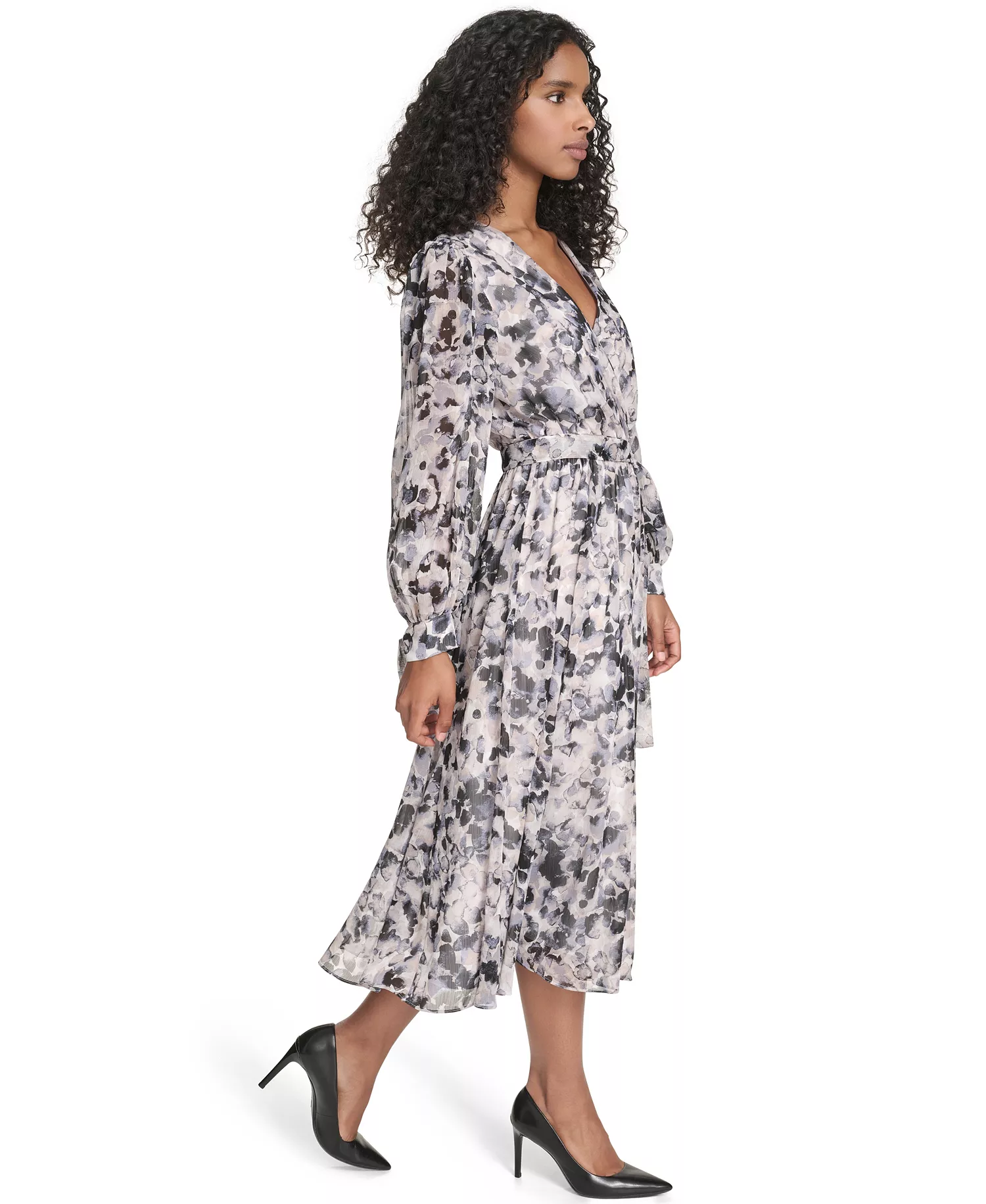 Petite Floral Long-Sleeve Midi Dress - Slate Multi - 0P