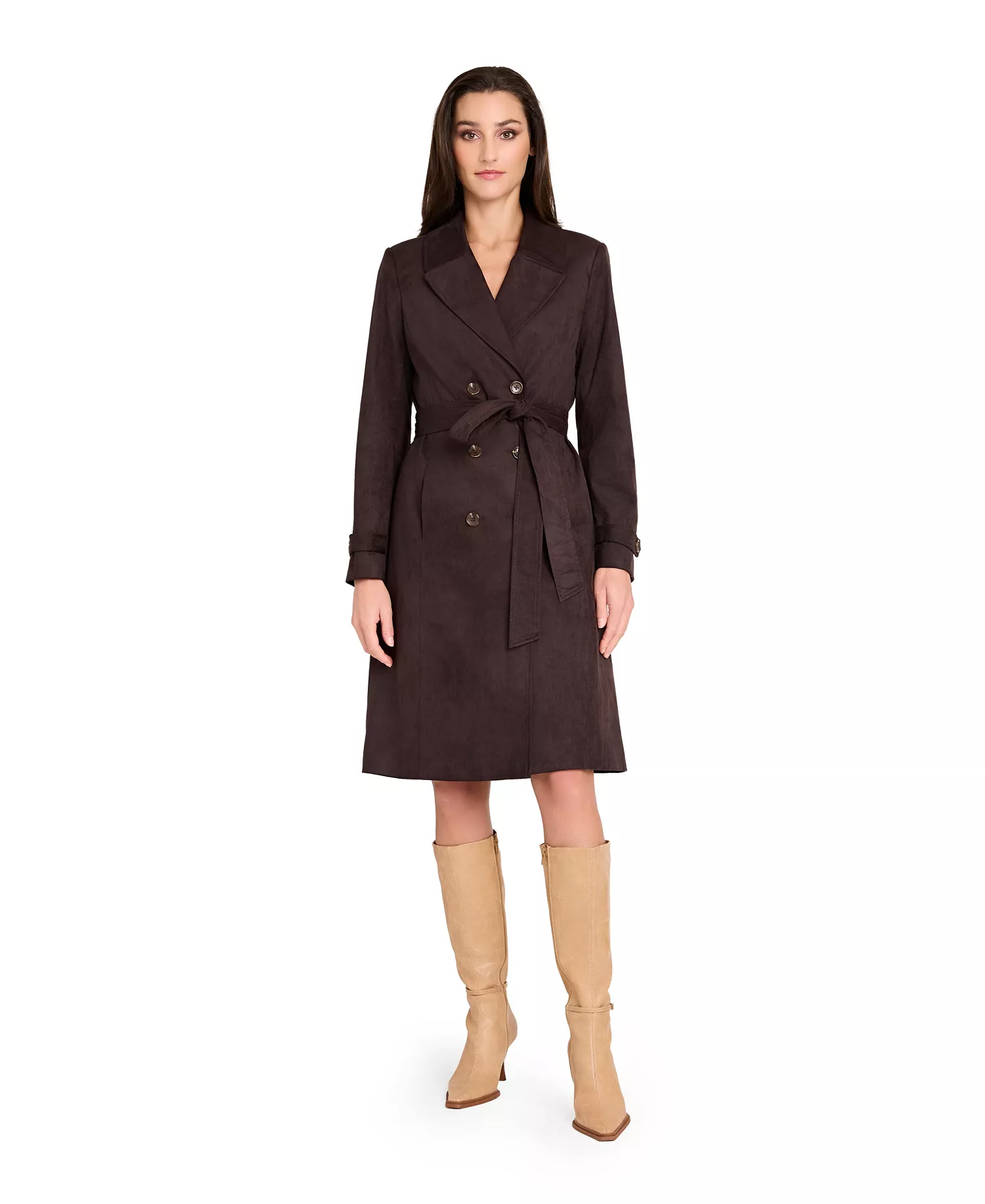 Petite Suede Long Sleeve Trench Coat - Espresso - 10P