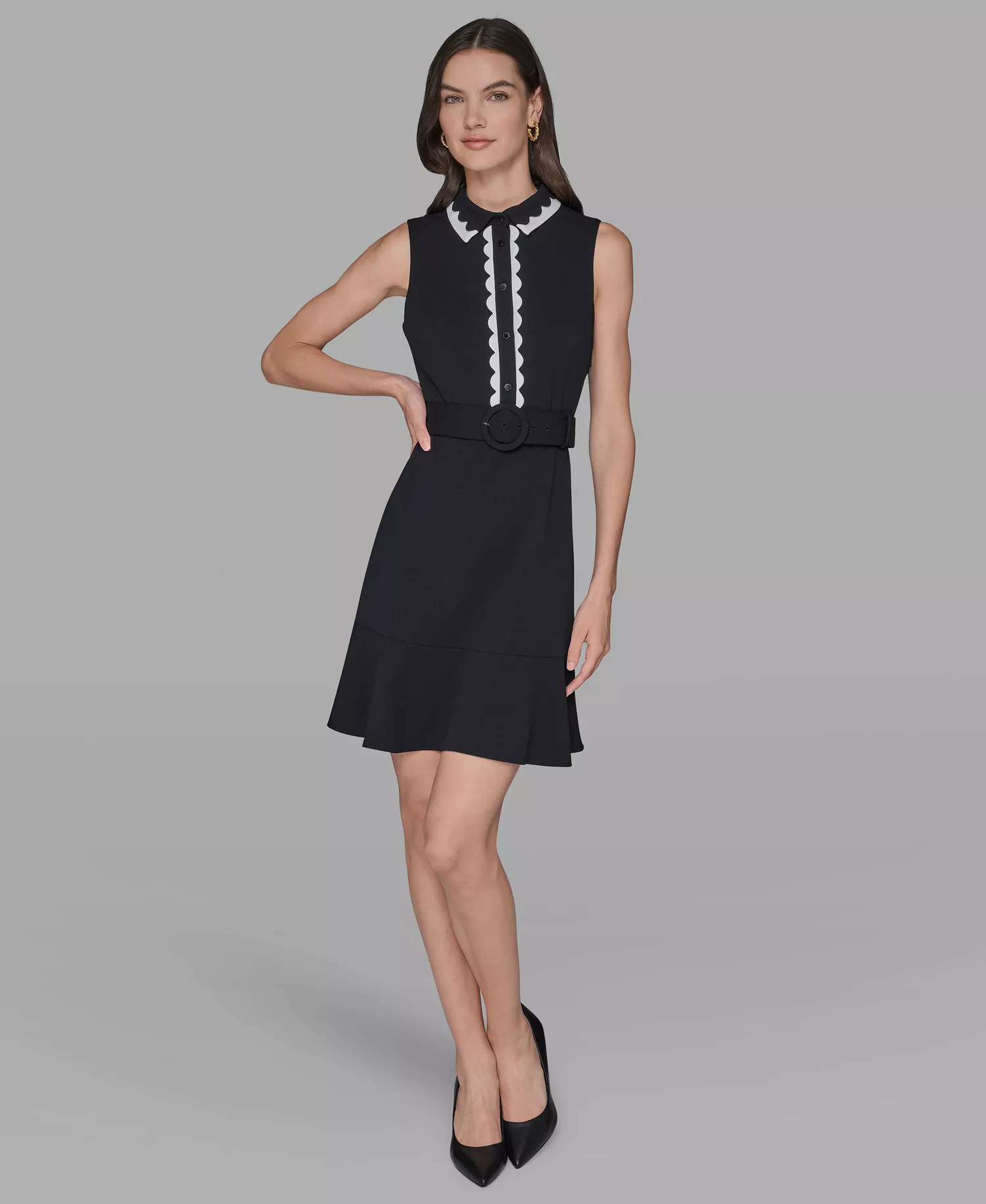 Women's Belted Collared A-Line Dress - Blk/sft Wt - 10