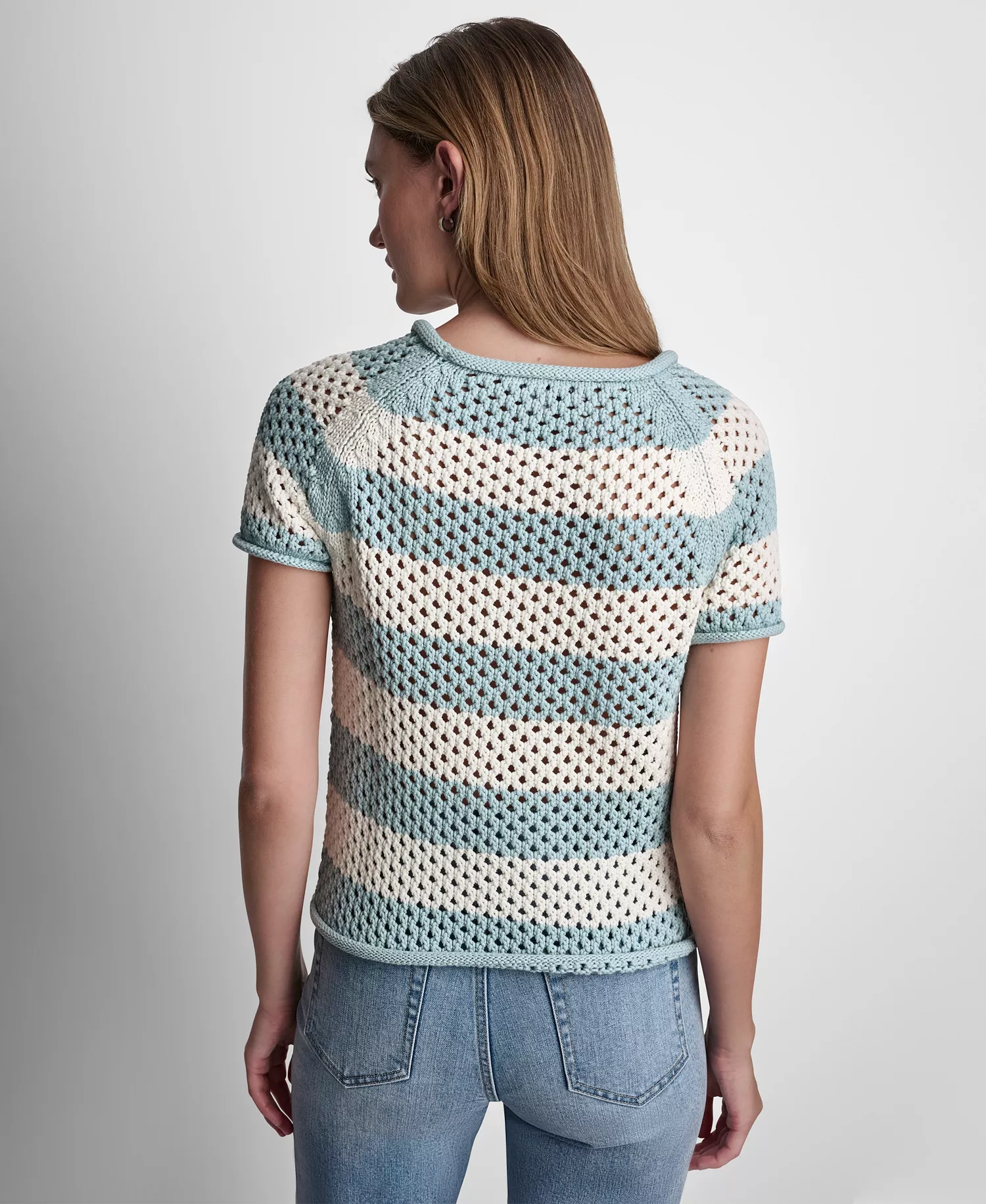 Petite Short-Sleeve Raglan Stripe Crewneck Pointelle Sweater - Mineral/Eggnog - PL