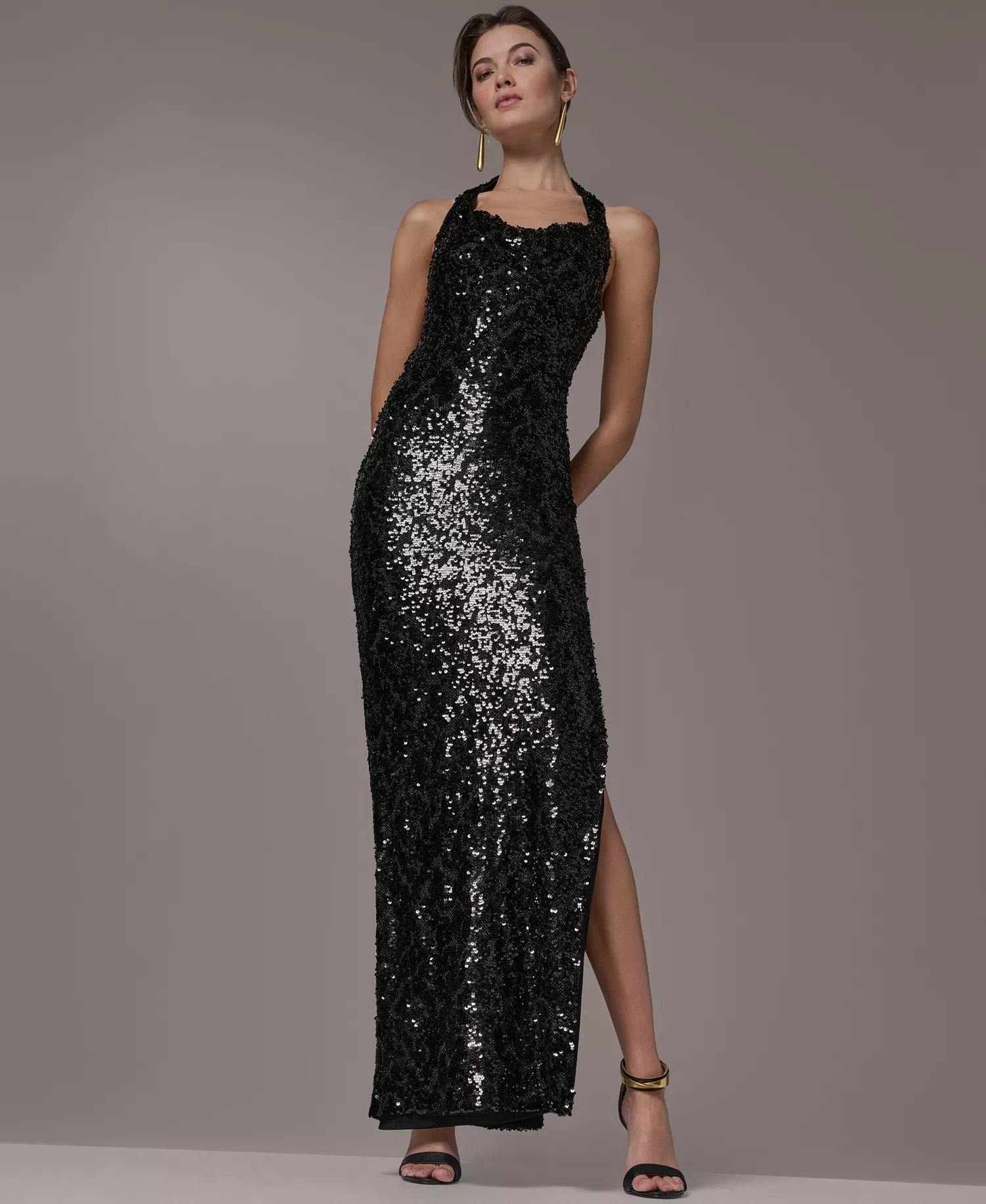 Women's Sequin Halter Neck Ball Gown - BLACK - 10