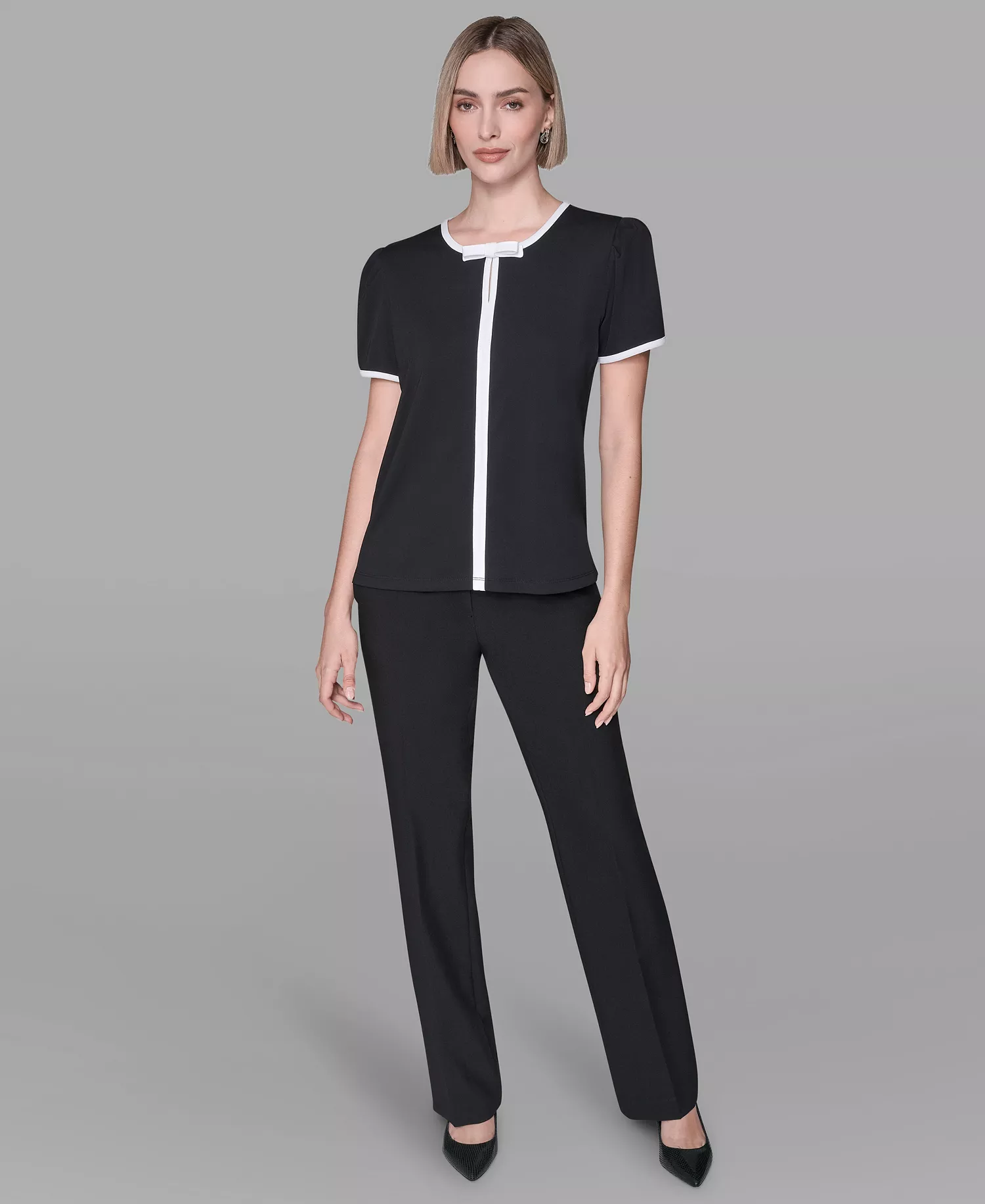 Women's Keyhole Neck with Bow Contrast Piping Top - Black/Soft White - L