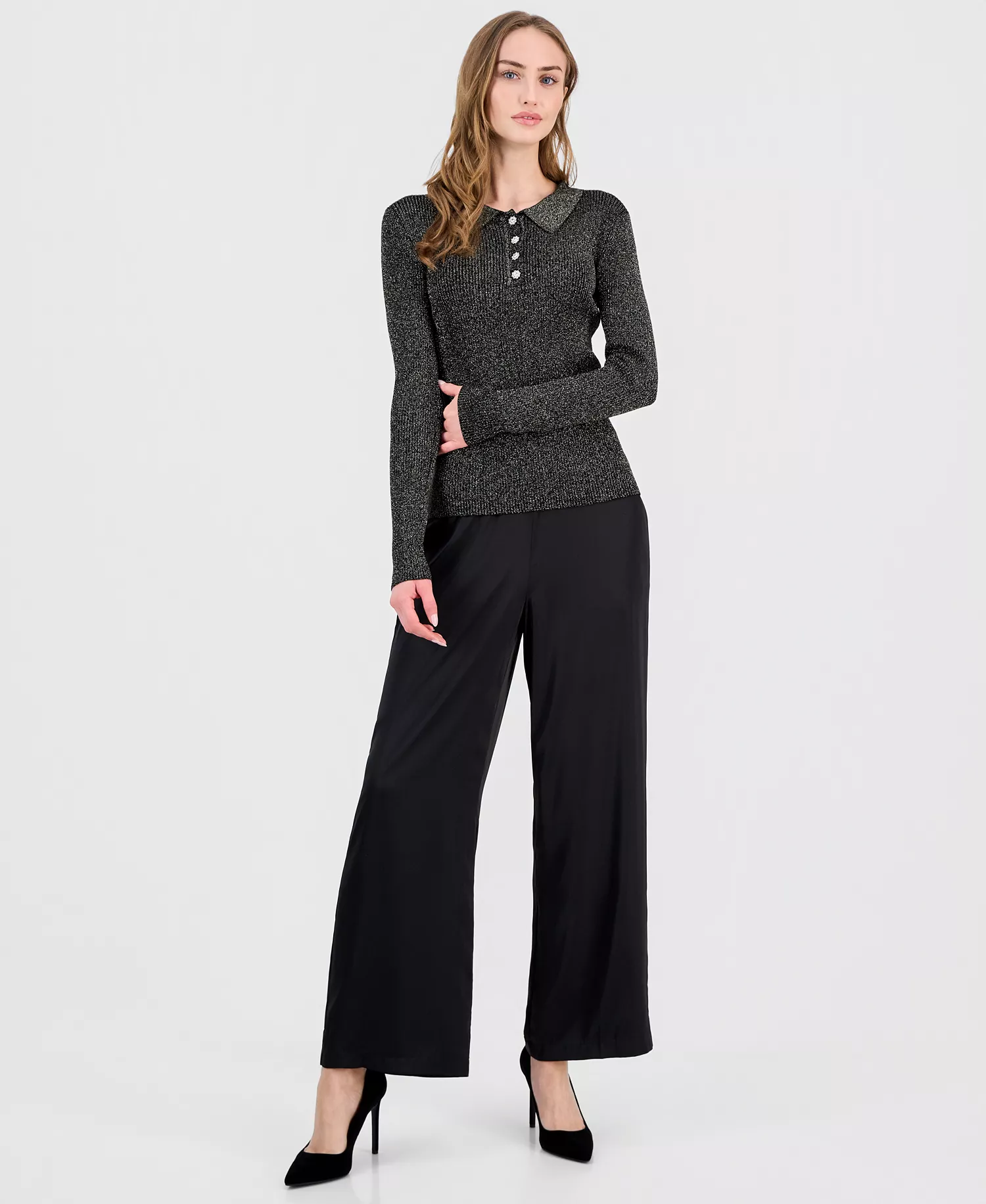 Women's Collared Ribbed Metallic Top - Black Lurex - L