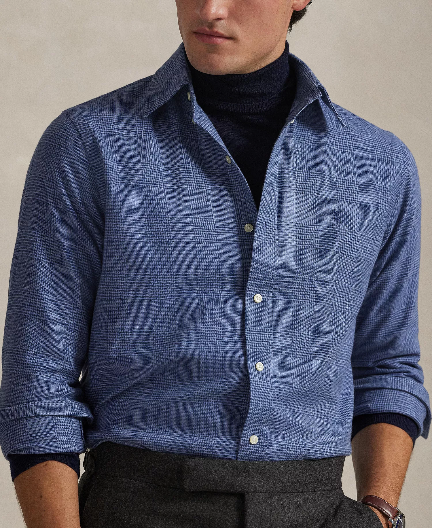 Men's Classic-Fit Brushed Performance Long-Sleeve Shirt - Blue Heather - L