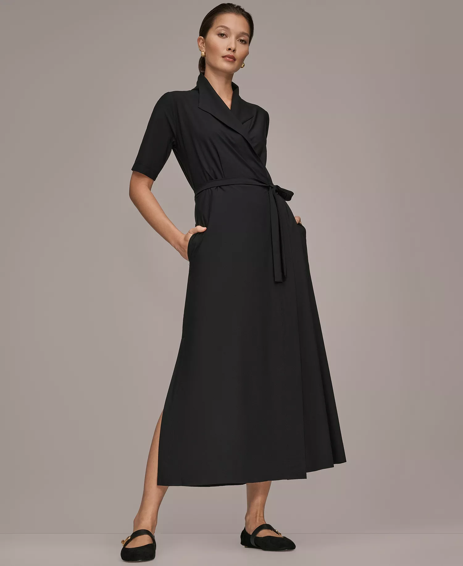 Women's 4-way Stretch Knit Elbow-Sleeve Collared Polo Dress - Black - 10