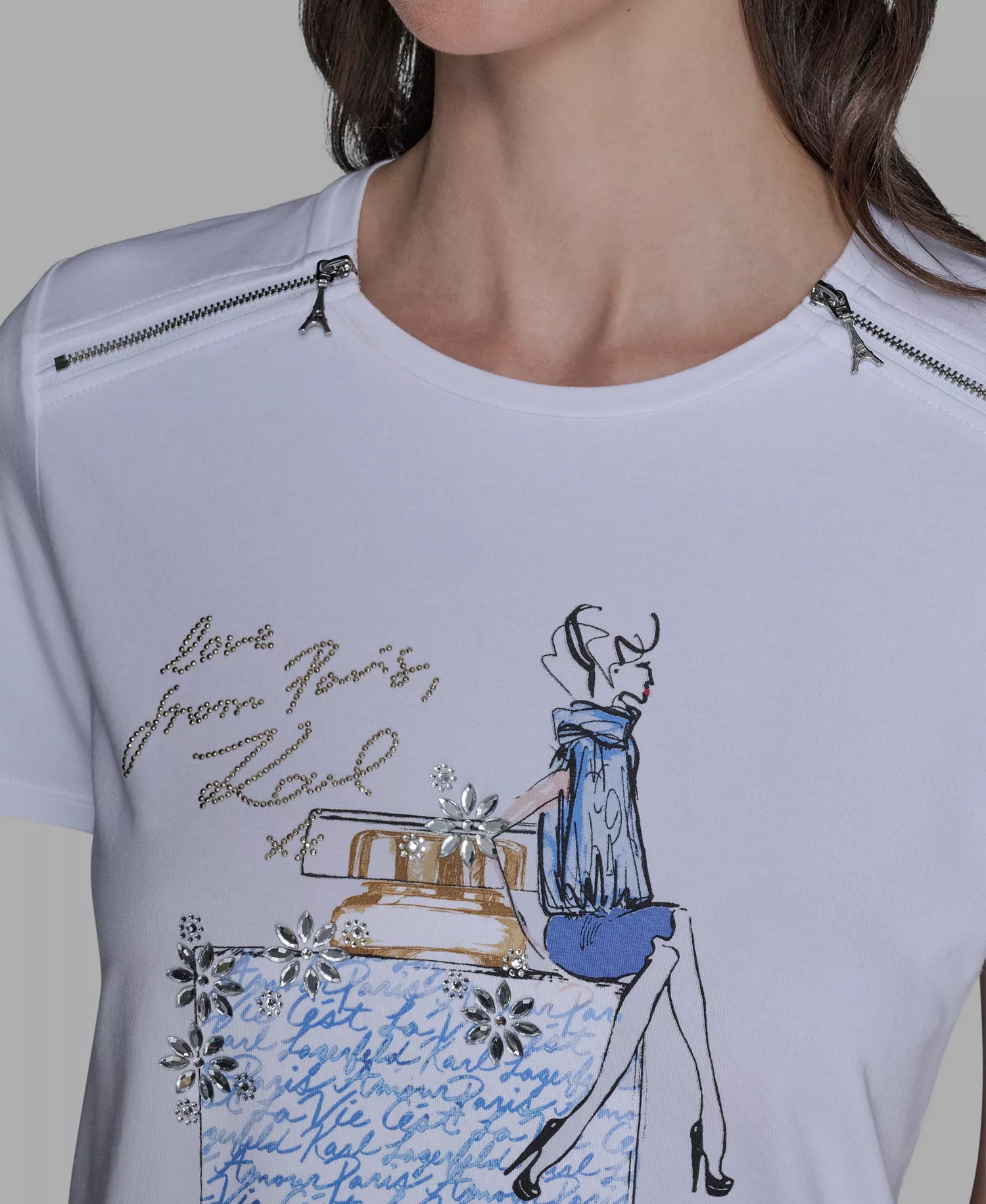 Women's Short-Sleeve Girl Perfume Bottle Printed T-Shirt - White/blue - L