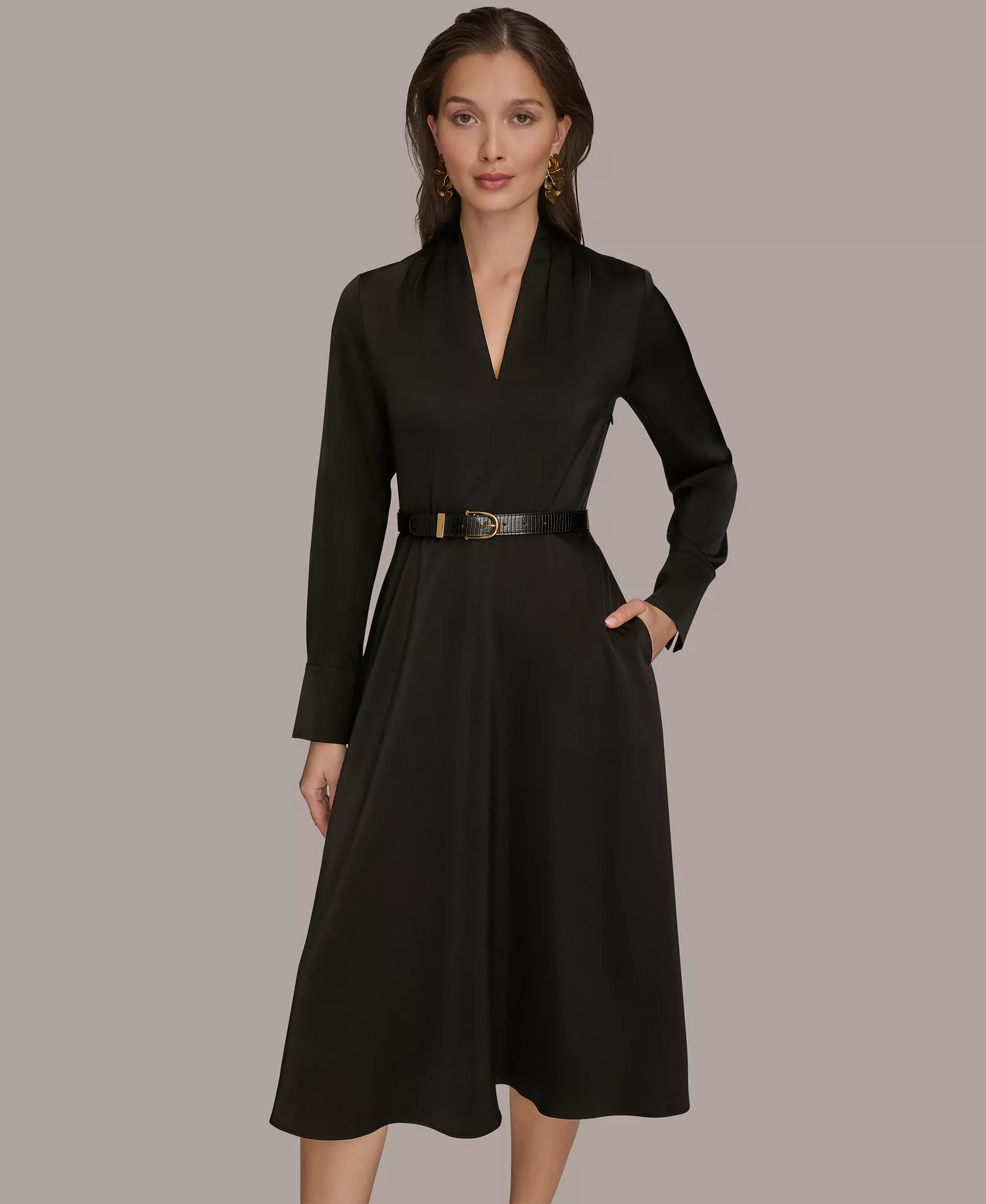 Women's Satin V-Neck Belted A-Line Midi Dress - Black - 4