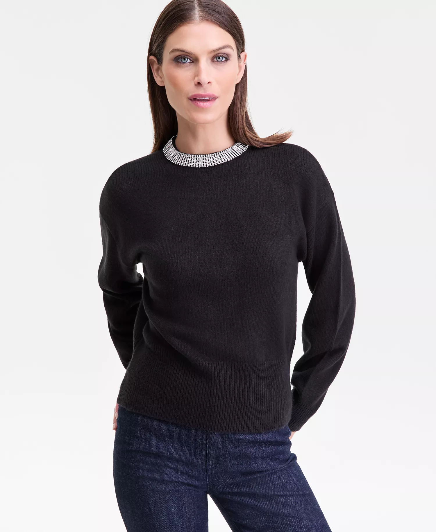 Women's Rhinestone Collar Sweater, Macy's Exclusive - Deep Black - L