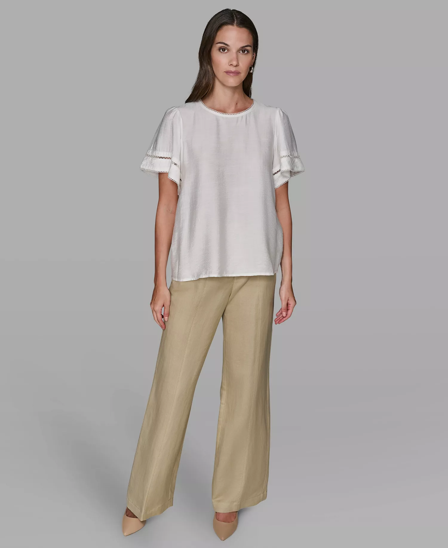 Women's Solid Trim Detail Woven Top - Soft White - L