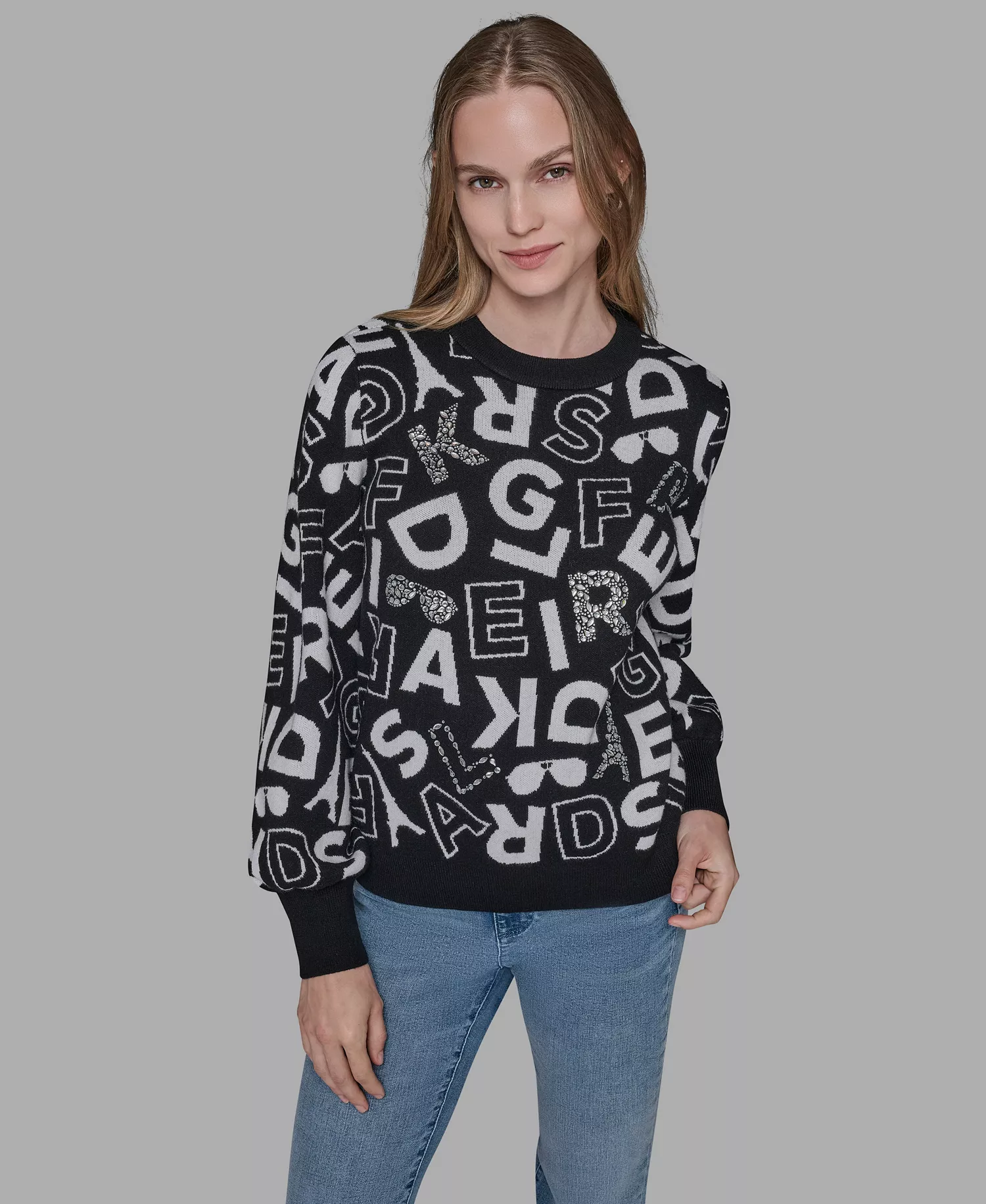 Women's Printed Long Sleeve Sweater - Black/soft White - M