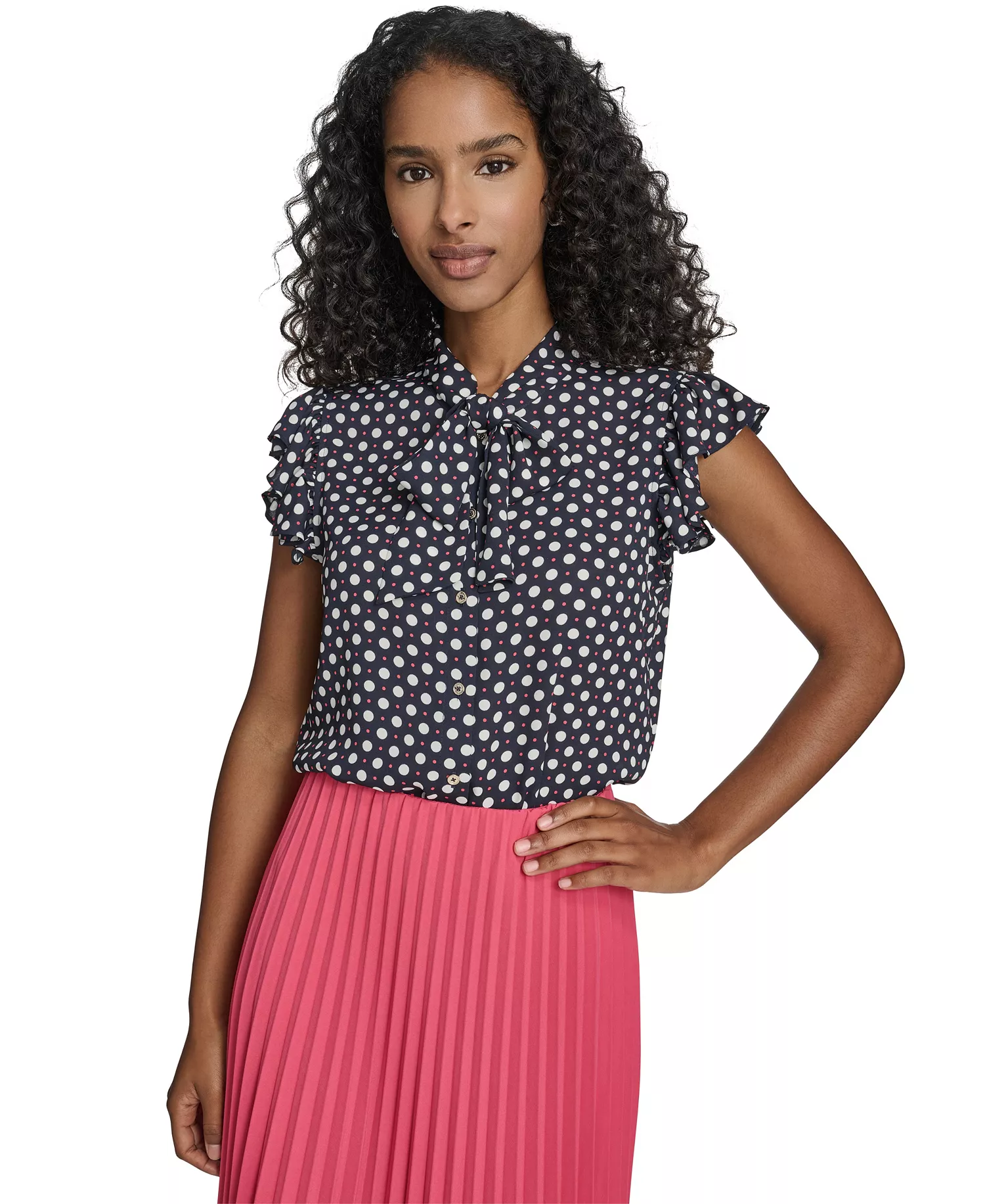 Women's Double Dot Tie Neck Top - Mdingiht/ Ivory/ Rethink Pink - L