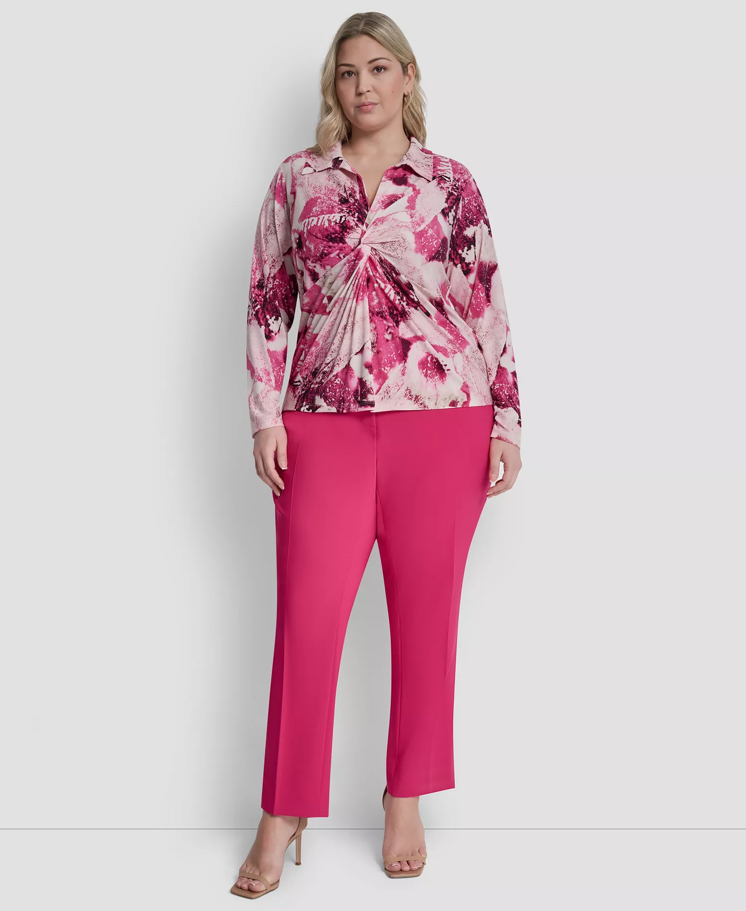 Plus Size Collared Long-Sleeve Top - Hot Pink/Pebble Multi - 1X