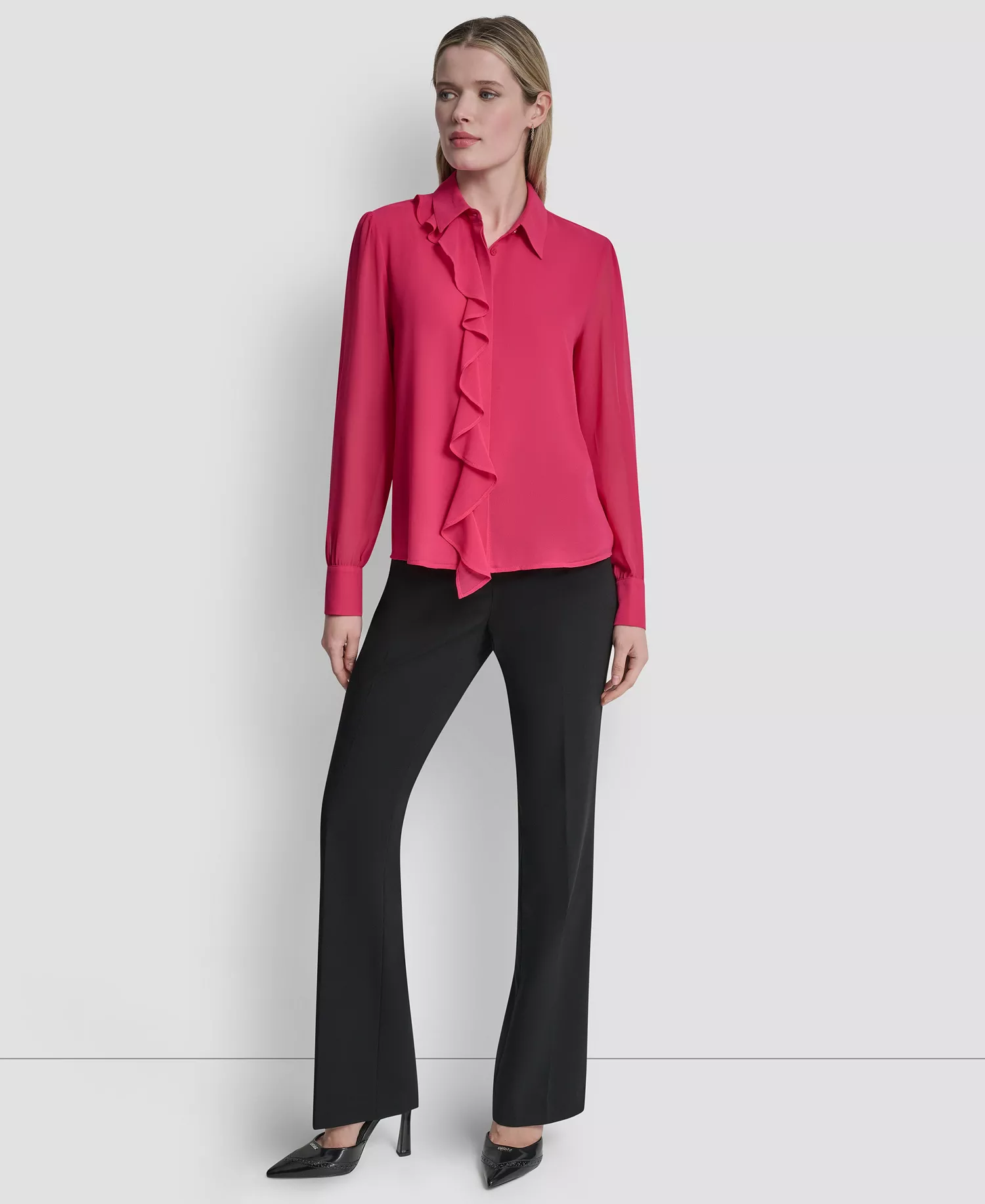Women's Ruffled Long-Sleeve Shirt - Hot Pink - L