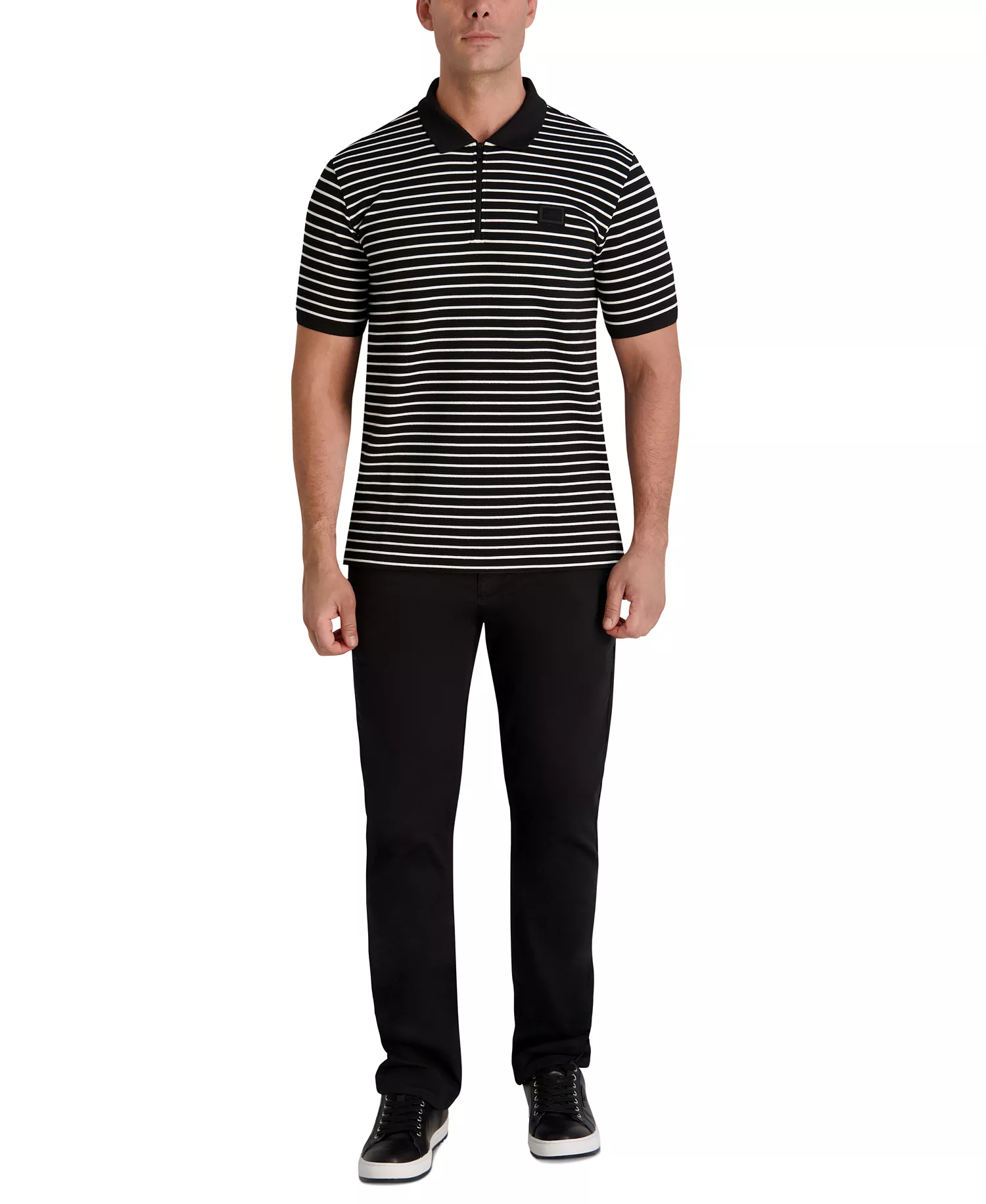 Men's Striped Quarter-Zip Polo Shirt - Black/White - L