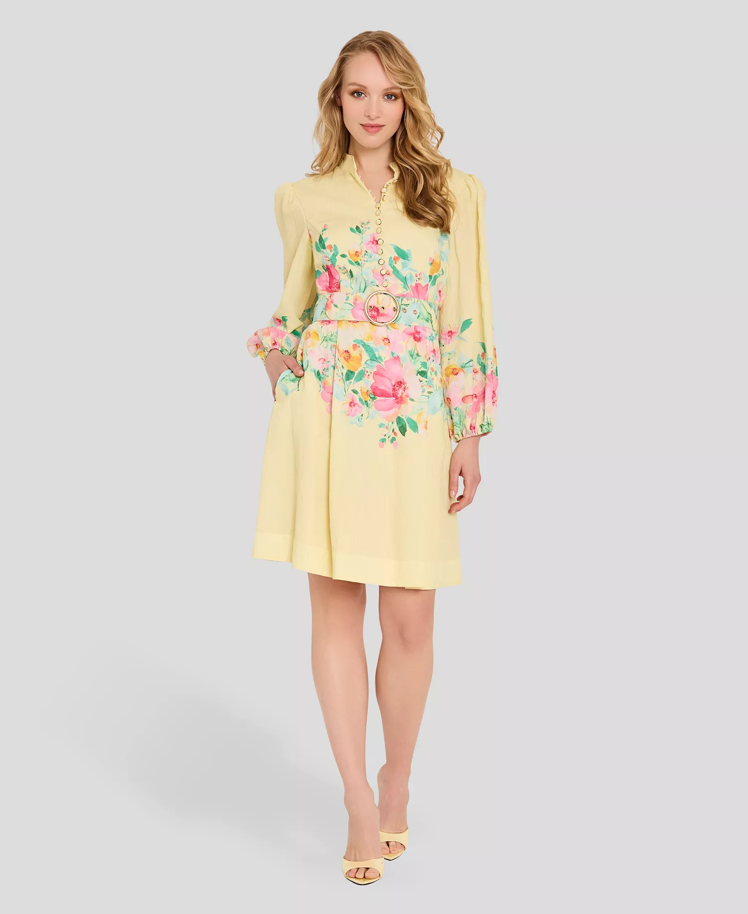 Petite Button-Front Placement Mock neck Print Dress - Buttercup Multi - 0P