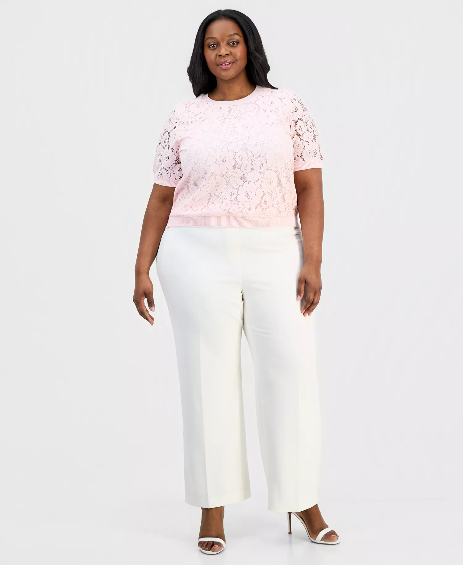 Plus Size Lace-Front Short-Sleeve Sweater - Tea Rose - 1X
