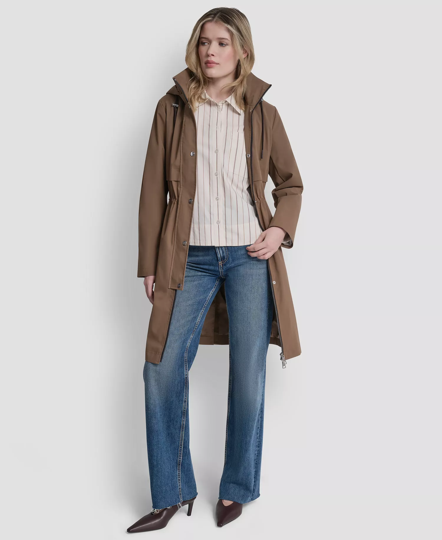 Women's Pleather Trim Anorak Rain Coat - Mocha - L