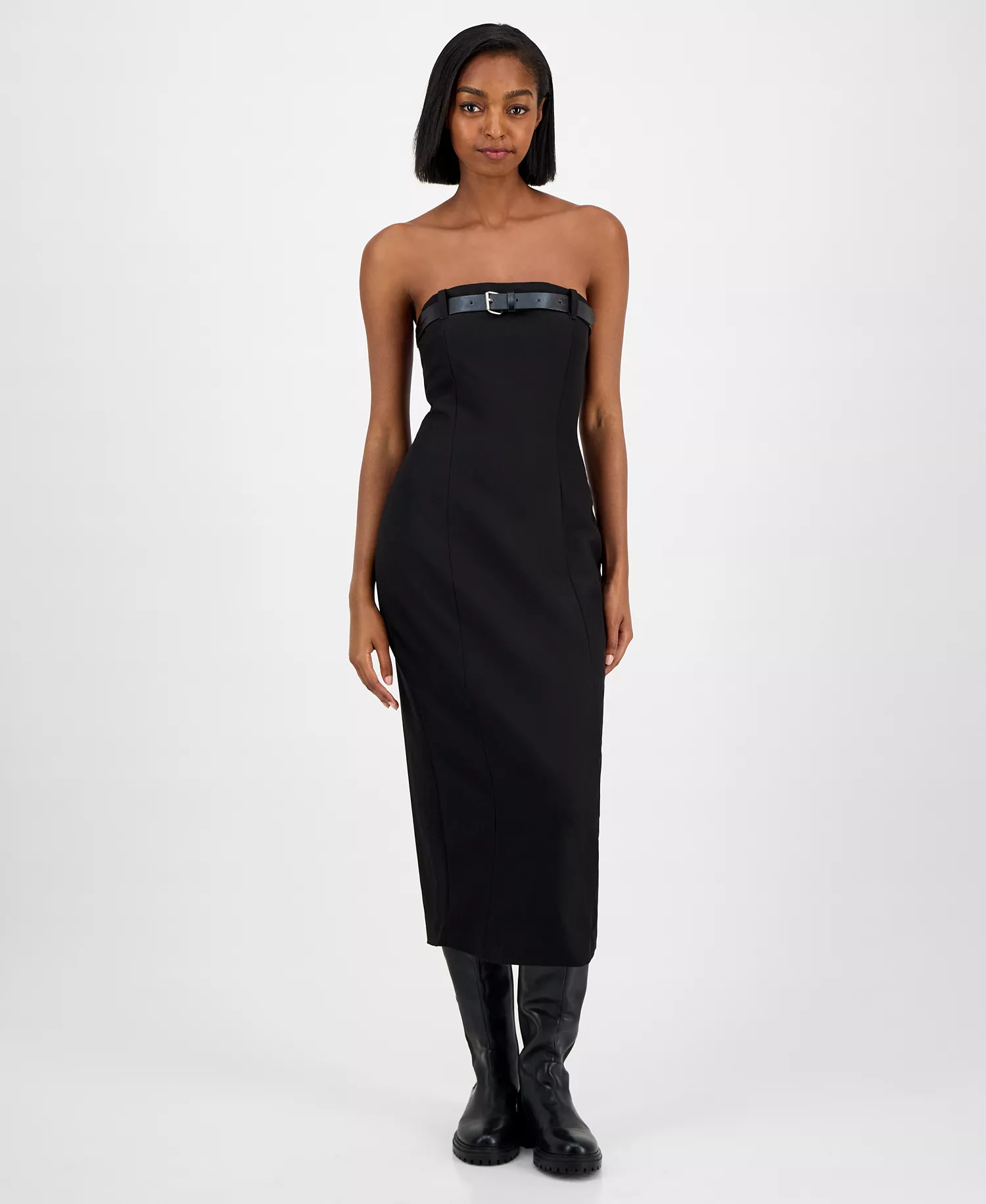 Women's Belted Strapless Midi Dress, Macy's Exclusive - Deep Black - L