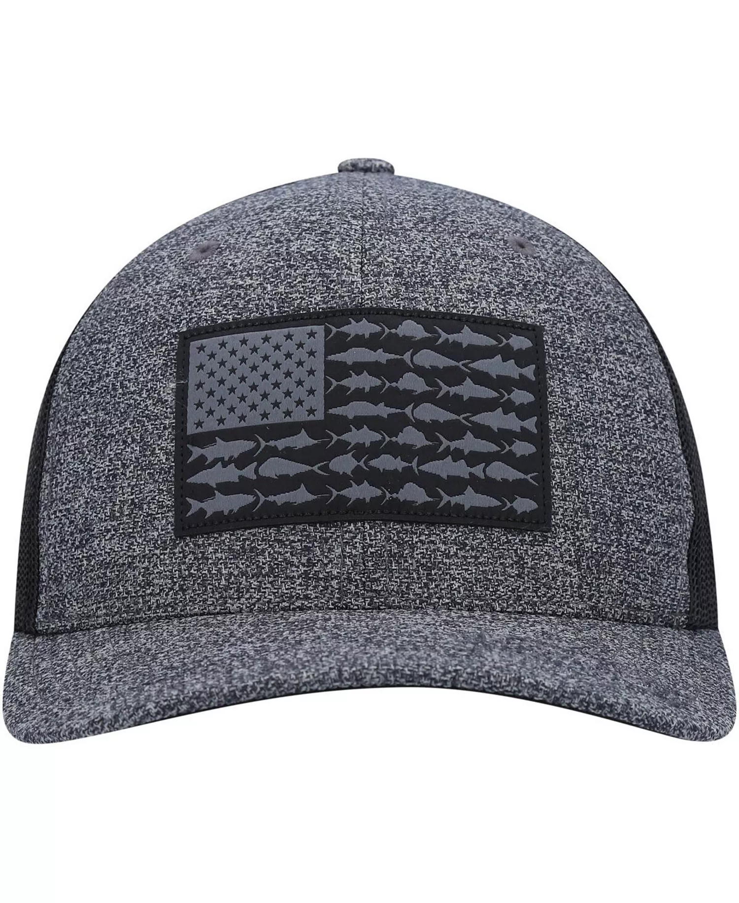 Men's Heathered Charcoal, Black PFG Fish Flag COOLMAX Trucker Snapback Hat - Heathered Charcoal, Black - One Size Fits All