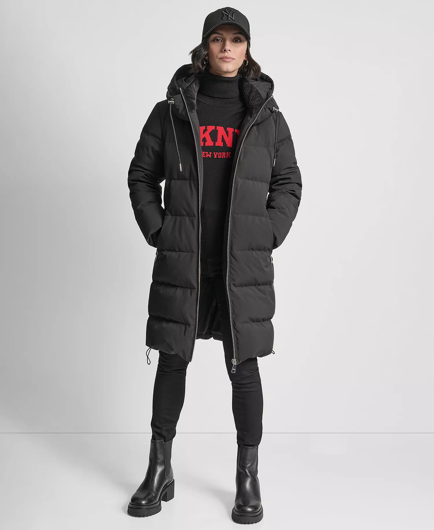 Women's Stand Collar Zipper Puffer Coat - Black - L