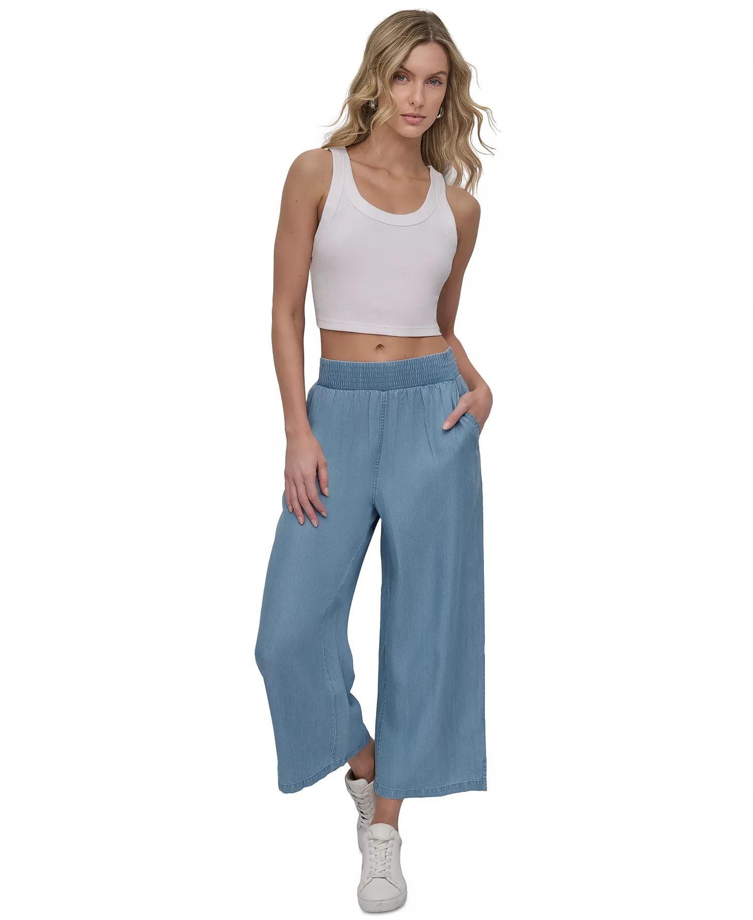 Petite Chambray Smocked-Waist Wide-Leg Ankle Pants - Chambray - P/L