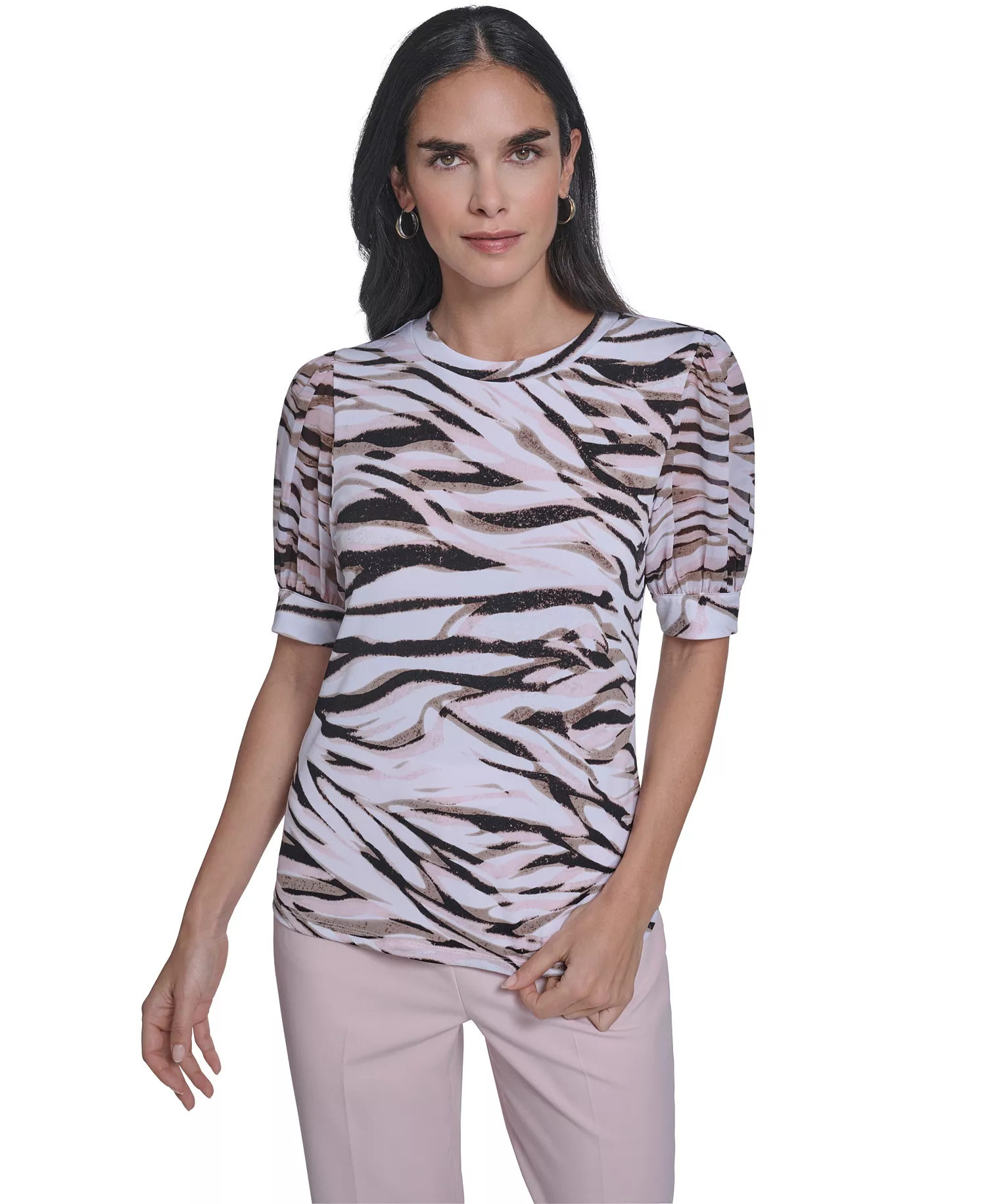 Petite Puff-Sleeve Mixed Media Top - Latte/Petal Pink - P/L