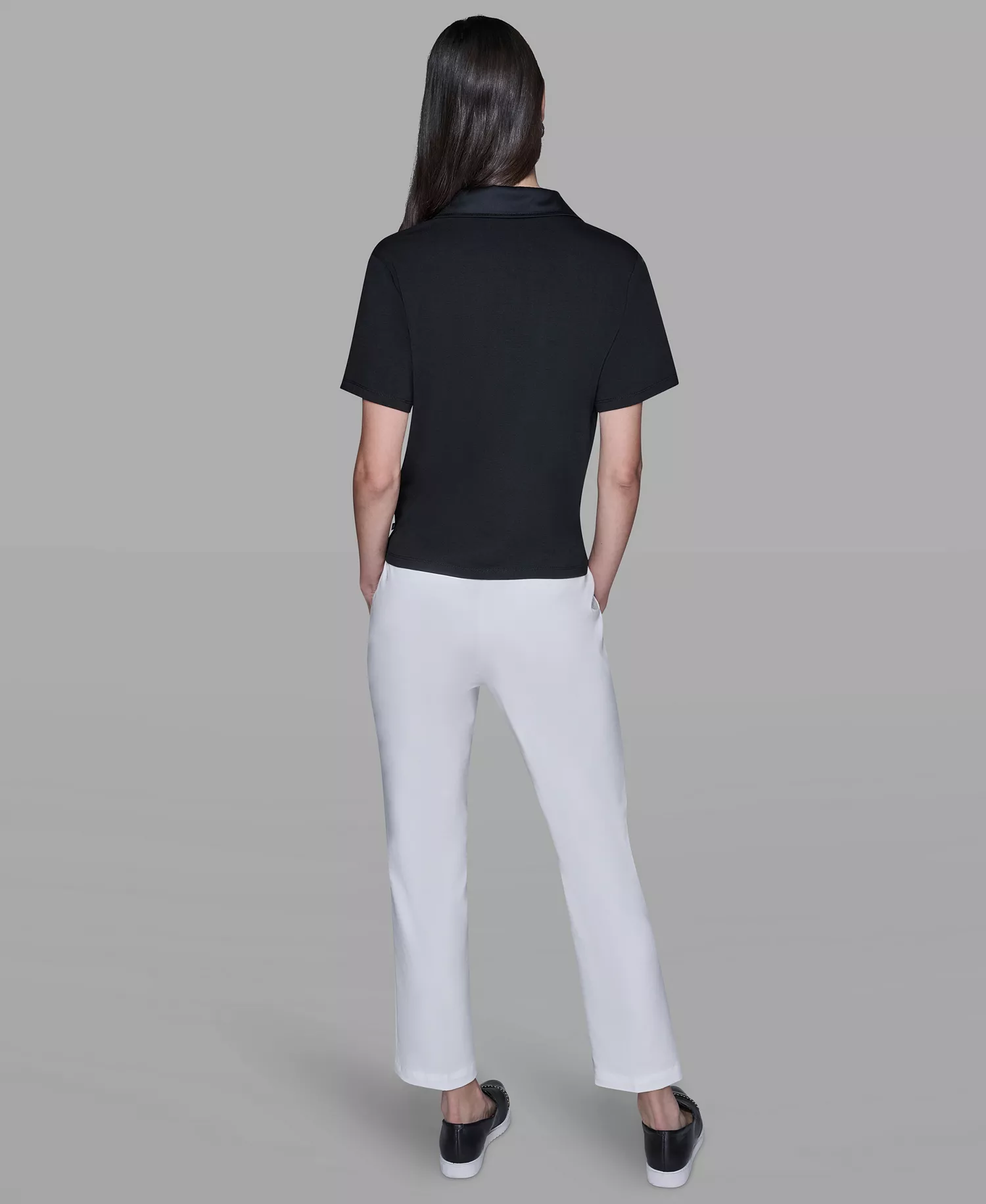 Women's Short-Sleeve Collared Polo Top - Black - L