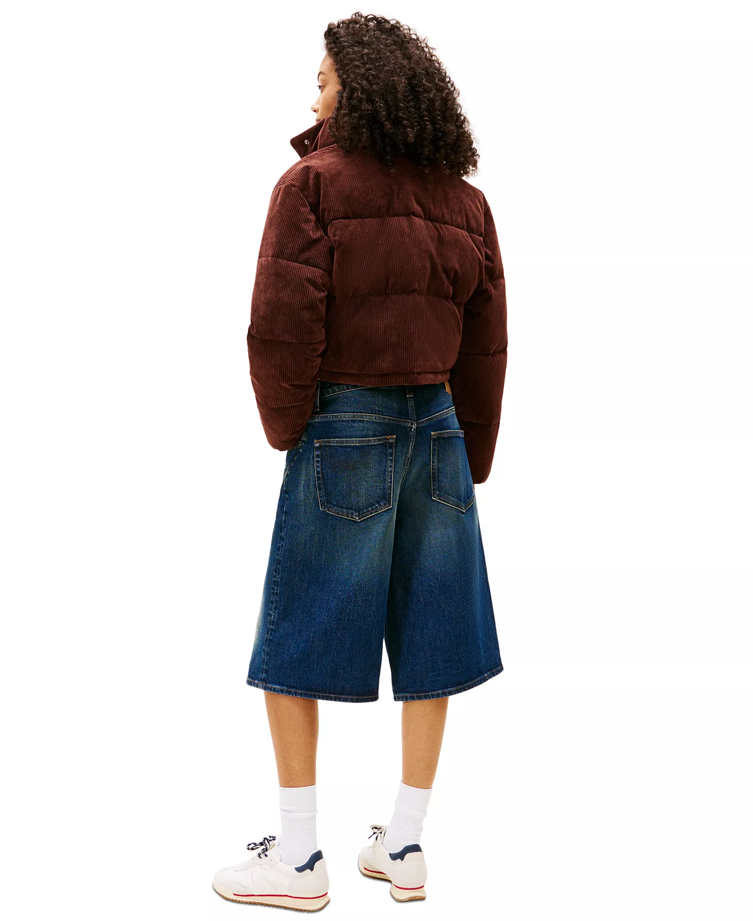 Women's Corduroy Cropped Puffer Jacket - Rich Brown - XXS