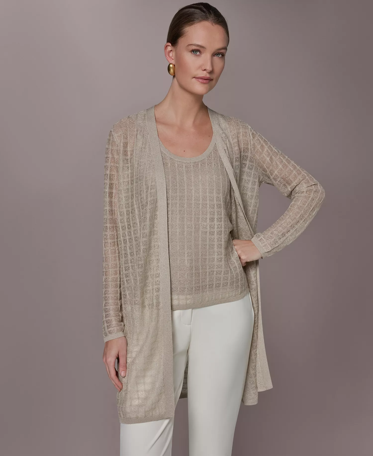 Women's Grid Pattern Long-Sleeve Cardigan - Tuscan Gray - L