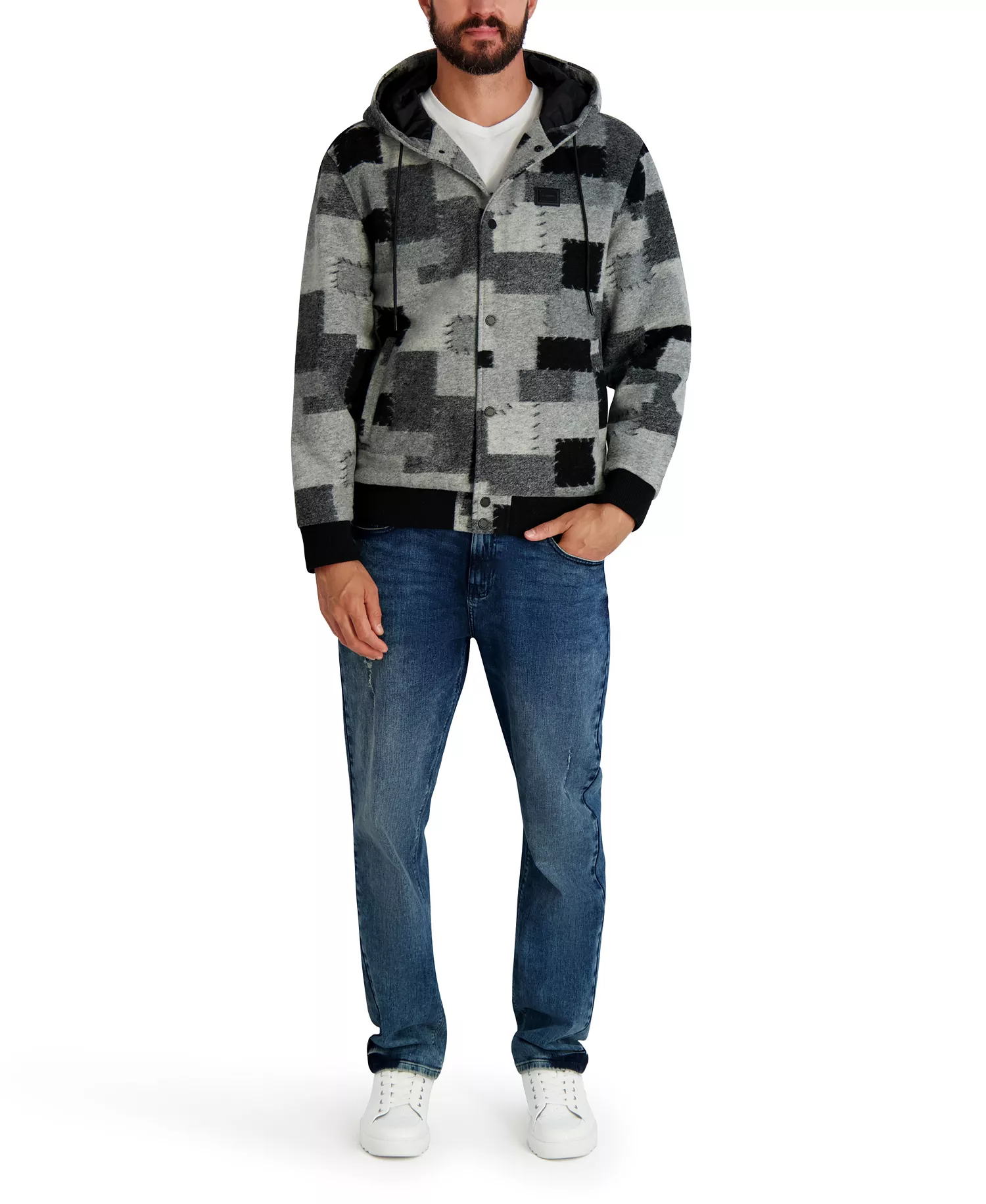 Men's Patch Detail Hooded Jacket - Black/Gray - 2XL