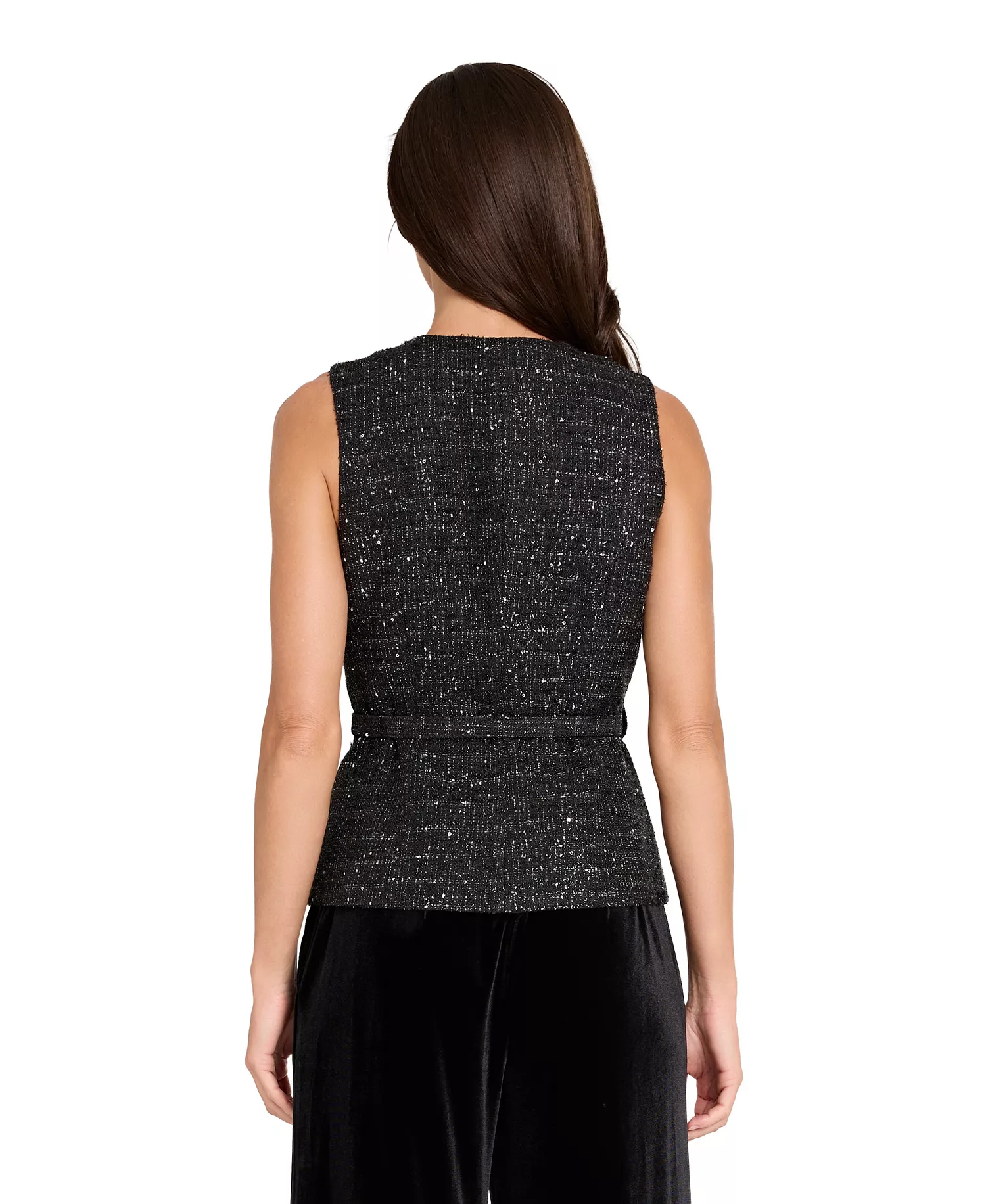 Women's Round Neck Button Front Rhinestone Trim Vest Top - Black Silver - 12