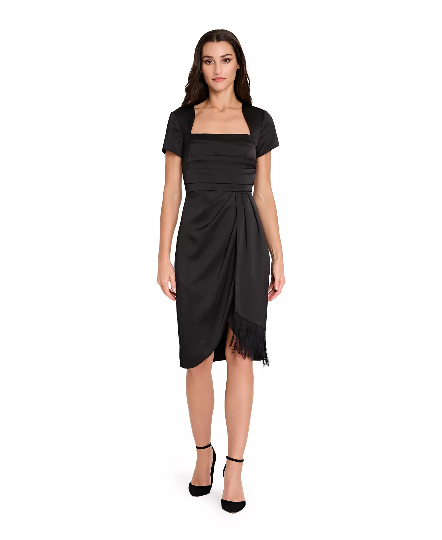 Women's Short Sleeve Pleated Bodice Fringe Sheath Dress - Black - 12