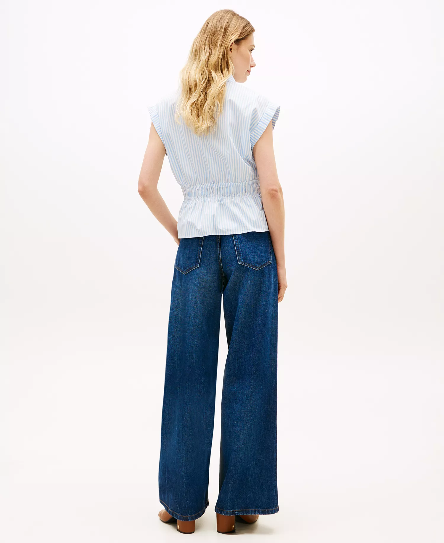 Women's Smocked Waist Shirt - Banker Stripe Vessel Blue / White - L