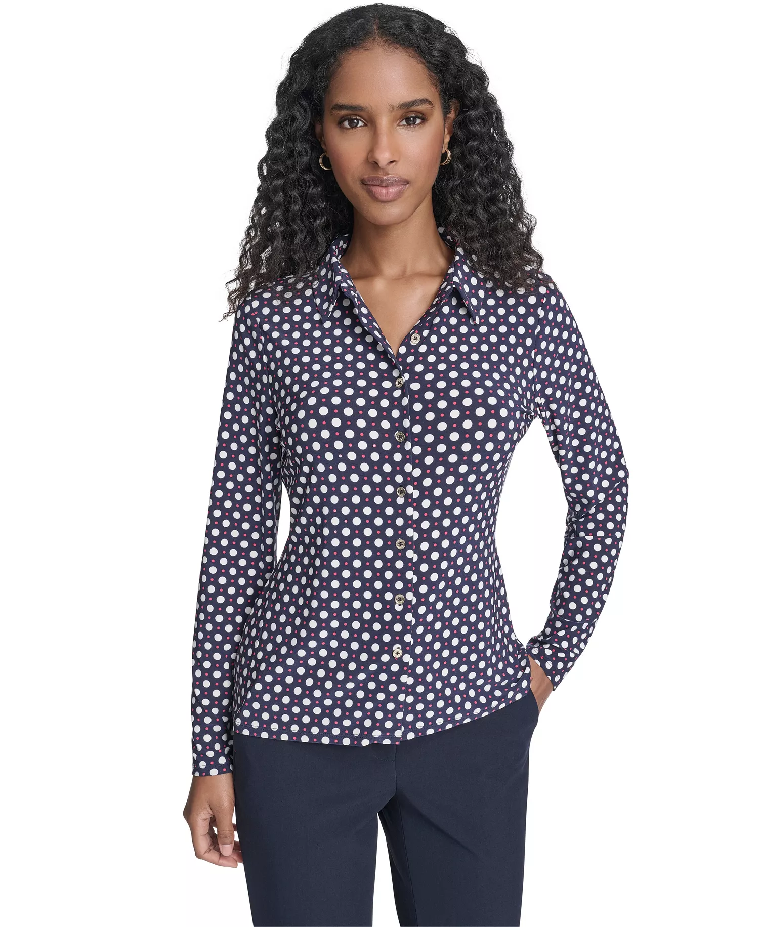 Women's Double Dot Long-Sleeve Button Down Shirt - Midnight/ Ivory/ Rethink Pink - L