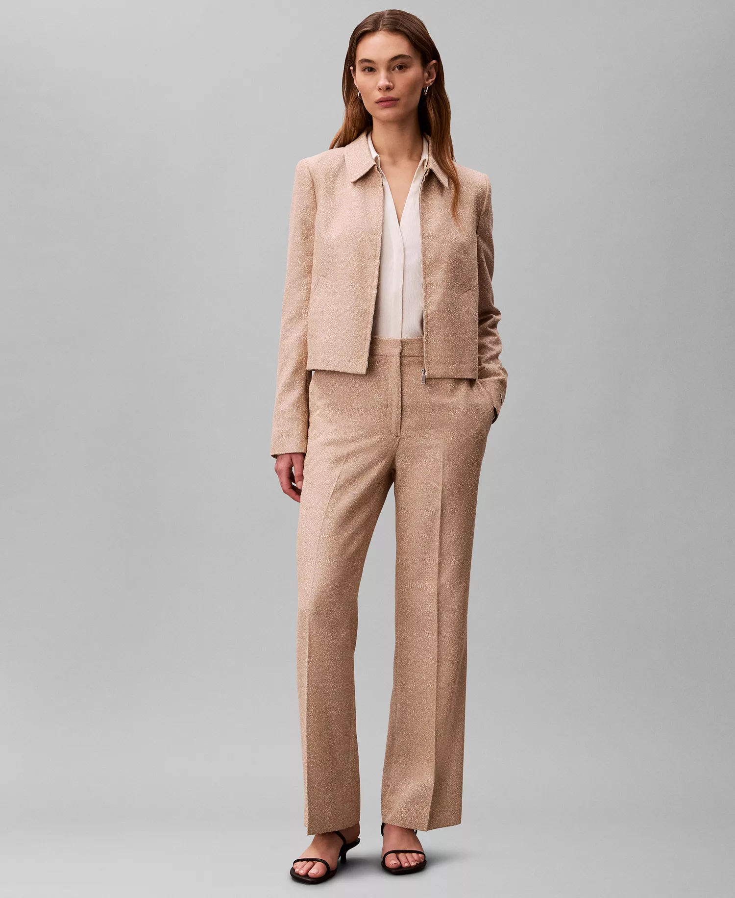 Women's Boucle Point Collar Shirt Jacket and Straight Leg Pants - Tigers Eye - 10