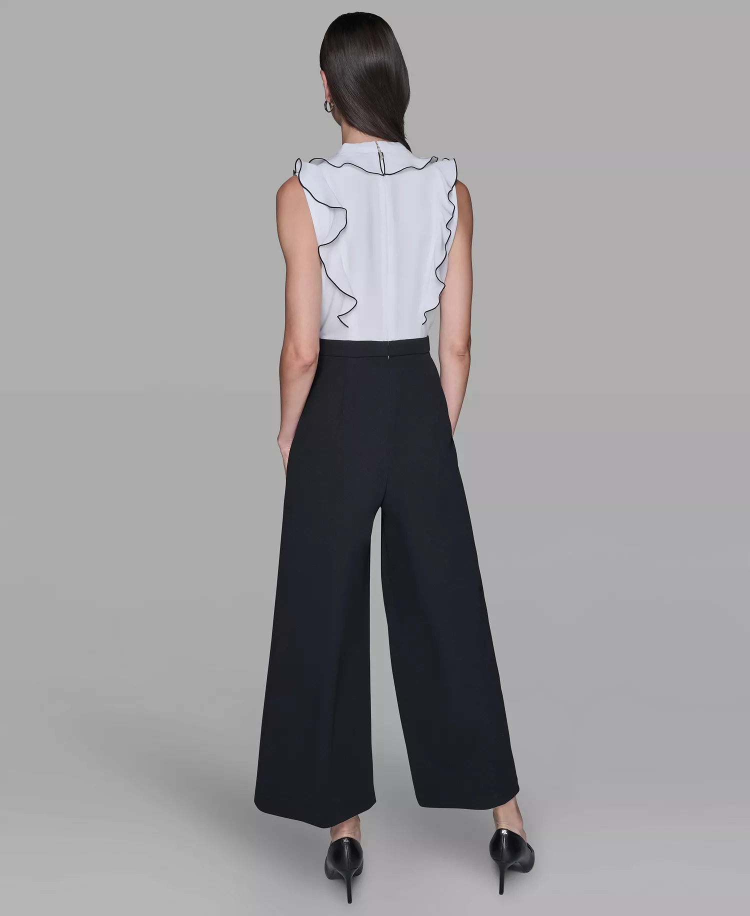 Women's Ruffle V-Neck with Contrast Bow Jumpsuit - Black/Soft White - 14