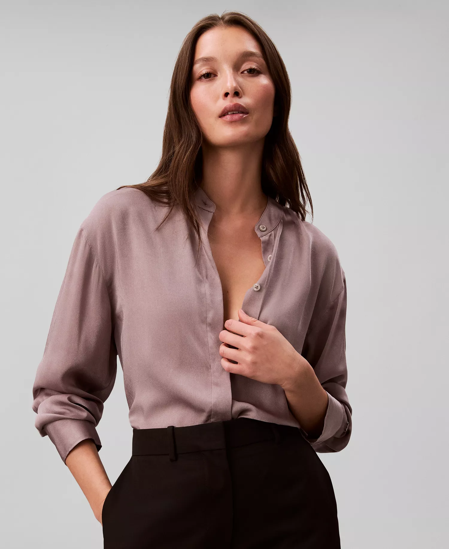 Women's Washed Satin Collared Relaxed Shirt - Dusted Fox - L