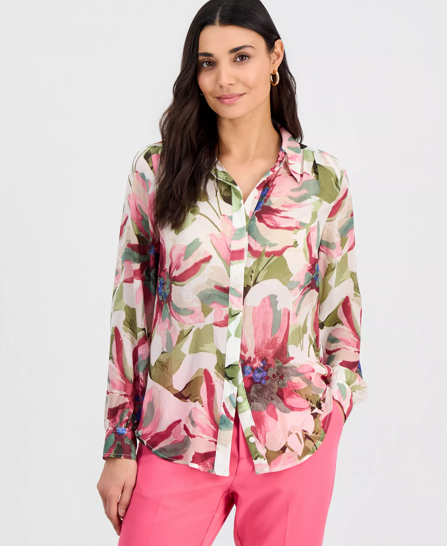 Petite Printed Long-Sleeve Blouse, Created for Macy's - Farrah Bouquet - P/L