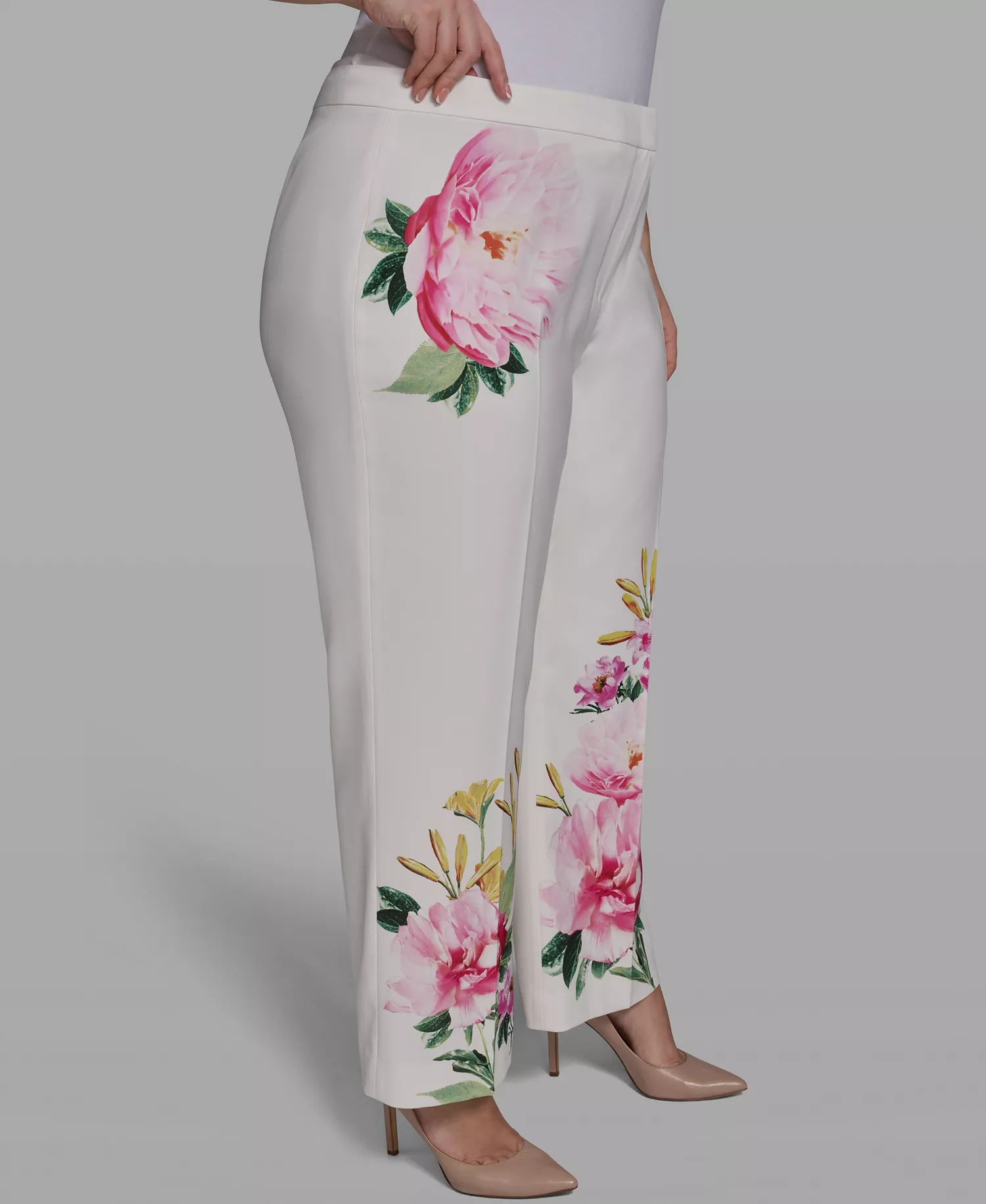 Plus Size Placed Floral Wide-Leg Pants - Soft White - 14W