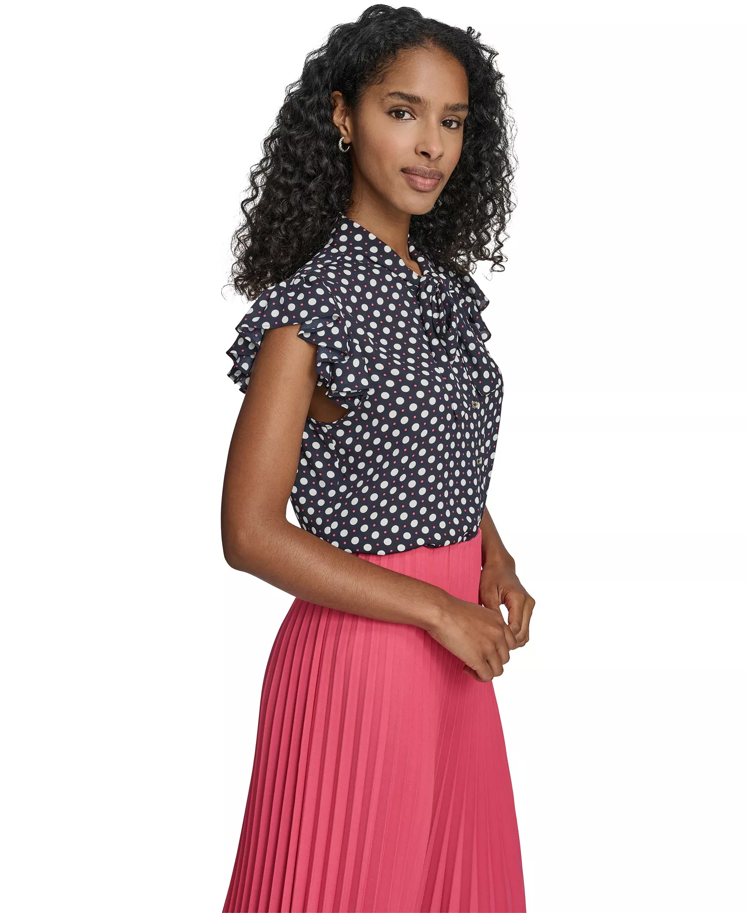 Women's Double Dot Tie Neck Top - Mdingiht/ Ivory/ Rethink Pink - L