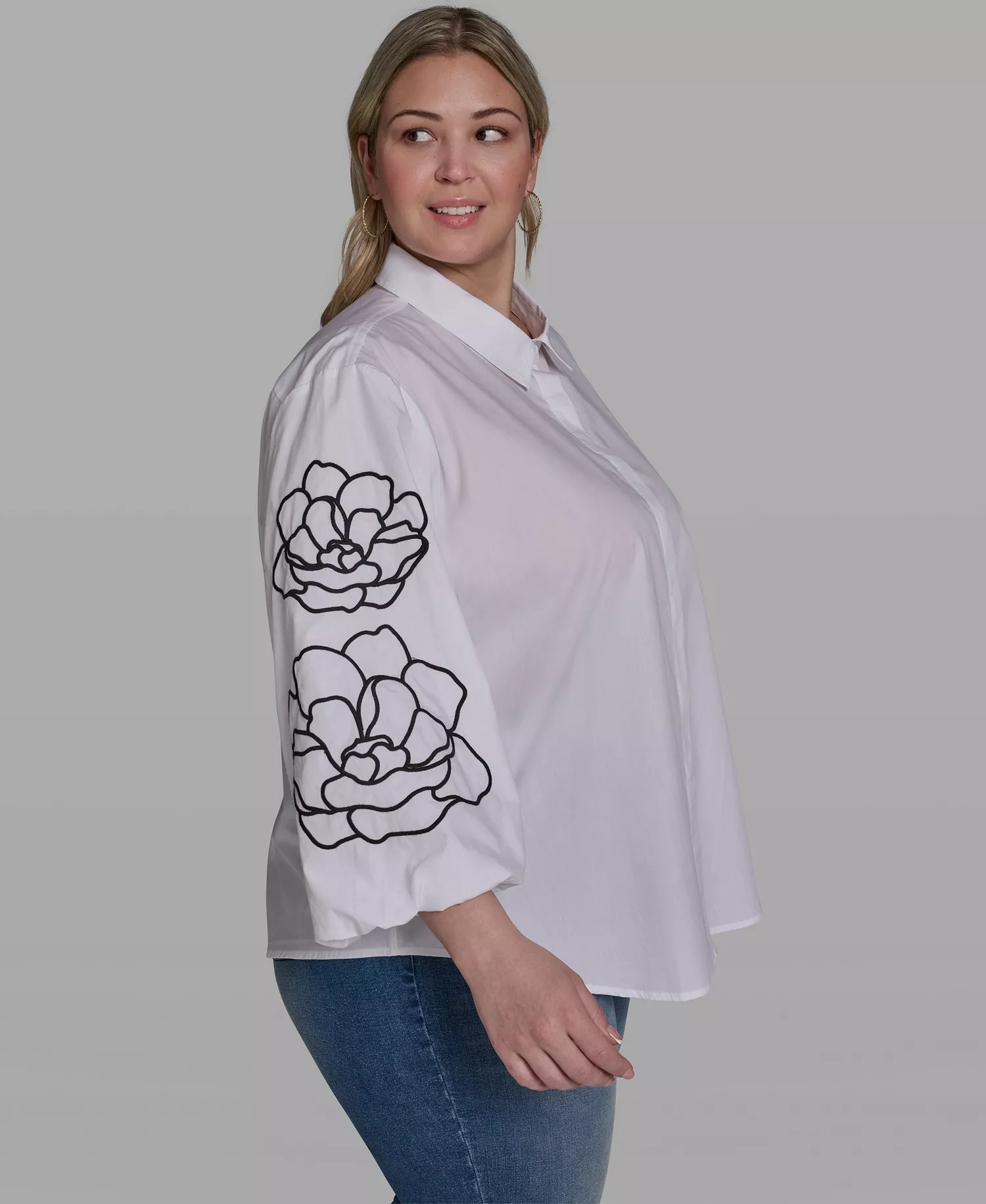 Plus Size Floral Detail Collared Top - White - 0X