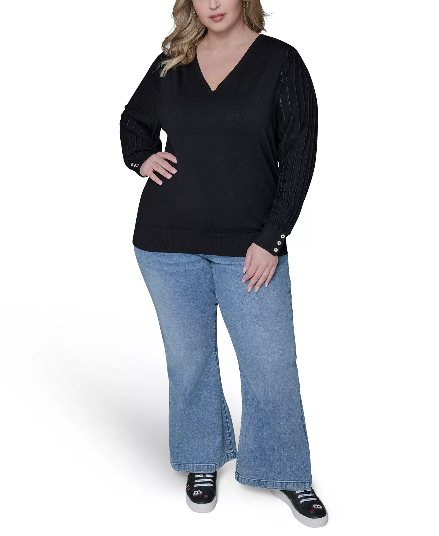 Women's Plus Size V-Neck Long-Sleeve Sweater - Black - 0X