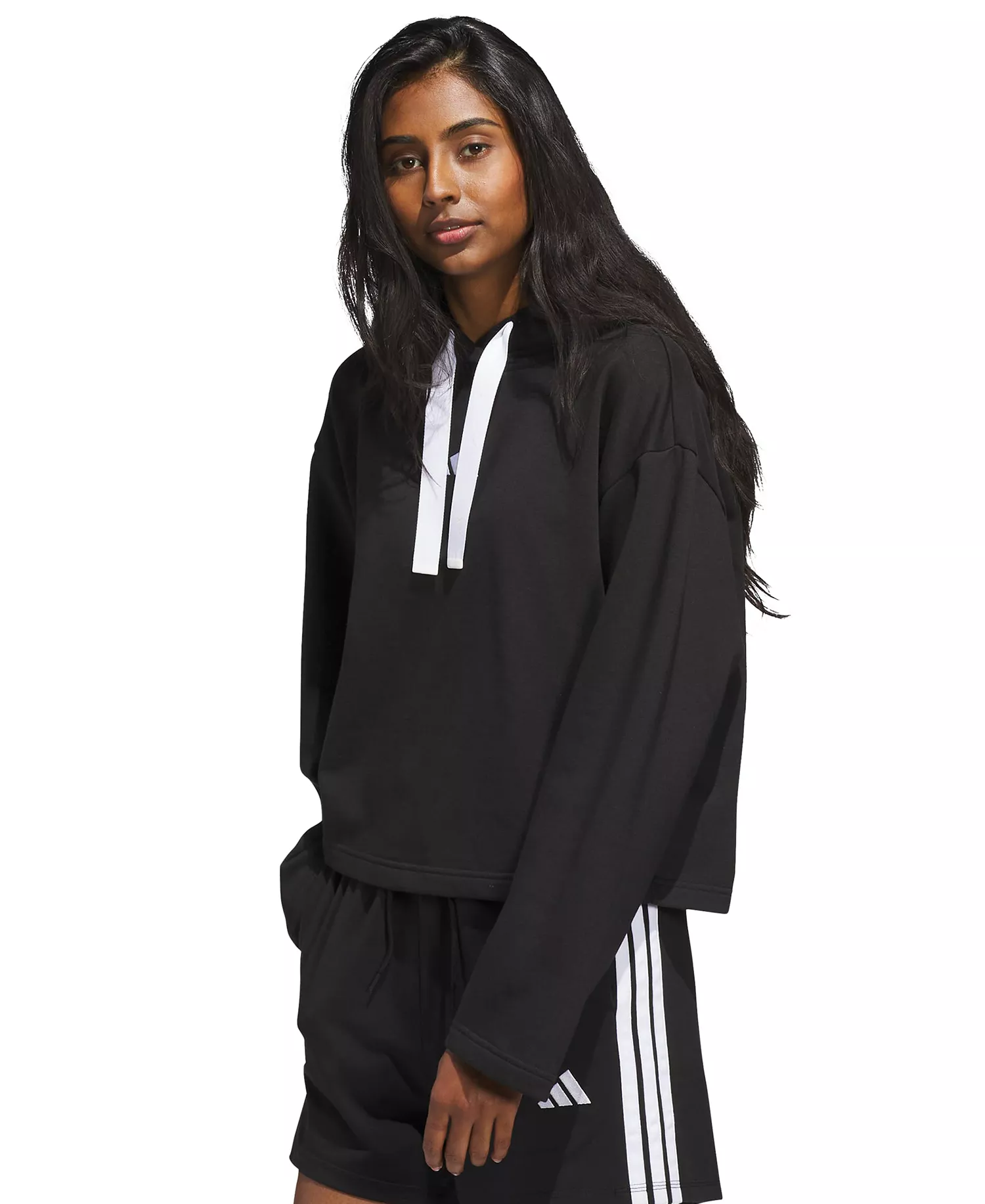 Women's Fleece 3-Stripes Loose-Fit Hoodie - Black/white - L