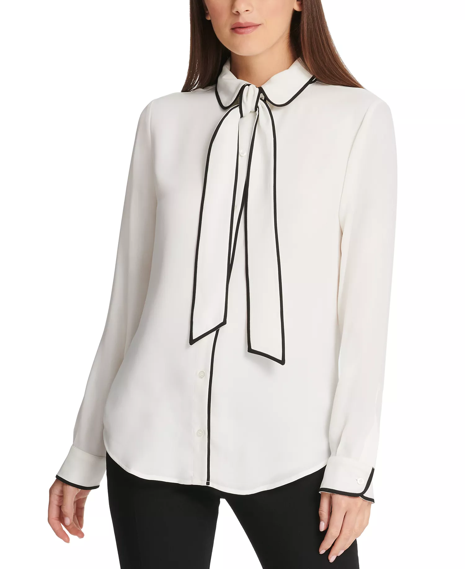 Petite Piped-Trim Button-Up Blouse, Created for Macy's - Linen White/Black - PL