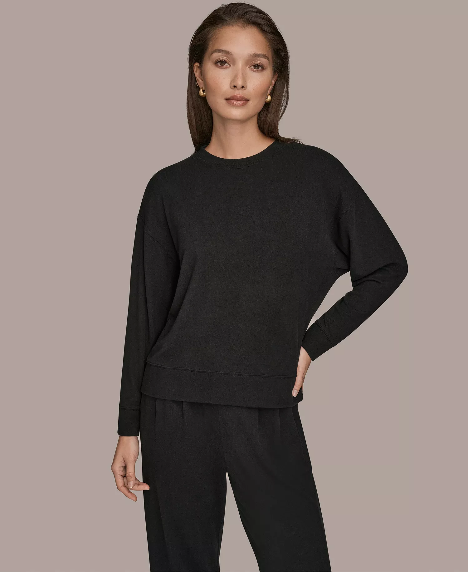 Women's Brushed Jersey Long Sleeve Crew Neck Top - Black - L