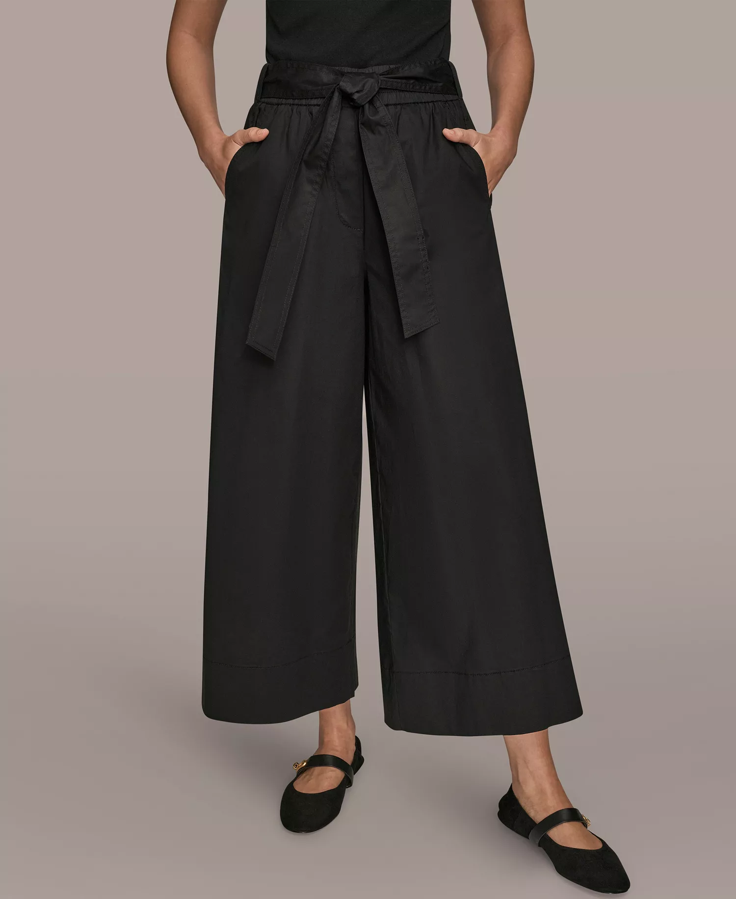 Women's Stretch Poplin Self Belted Crop Pants - Black - L