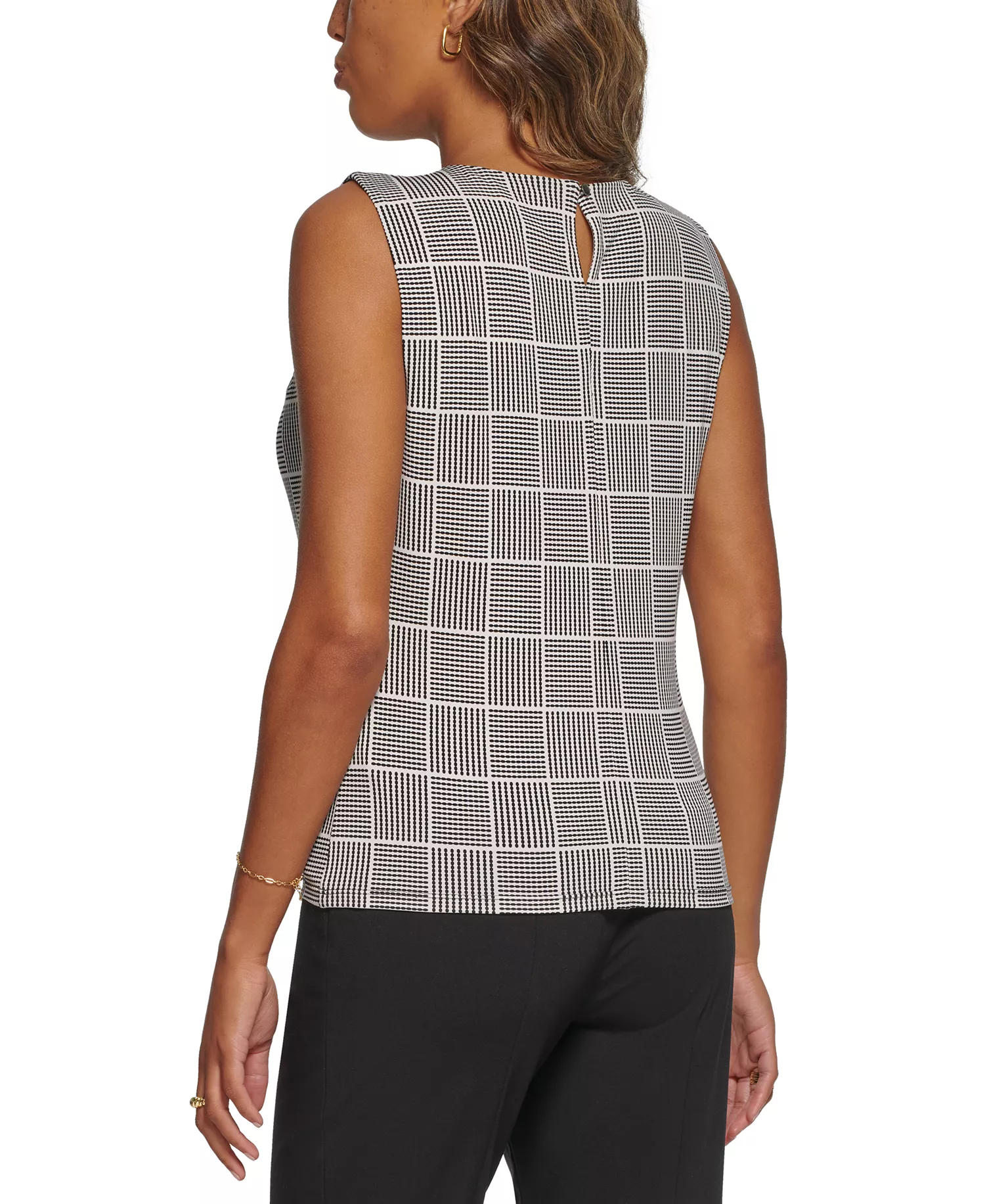 Printed Pleat-Neck Blouse, Regular and Petite Sizes - Black Cream - L