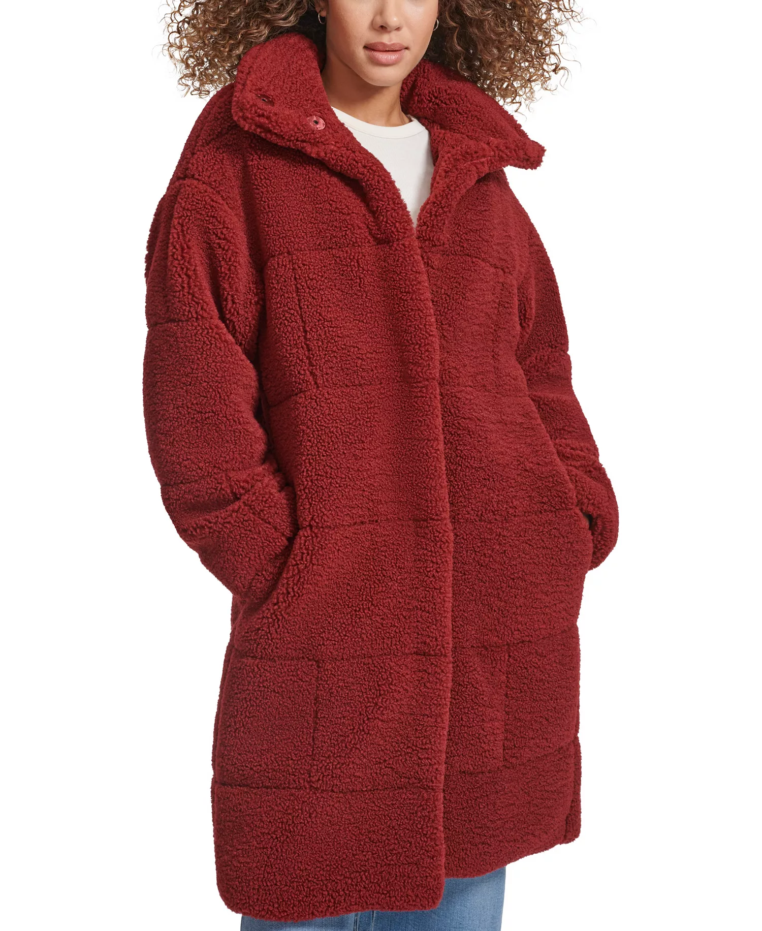 Women's Long Sherpa Snap-Closure Teddy Coat - Cabernet - L