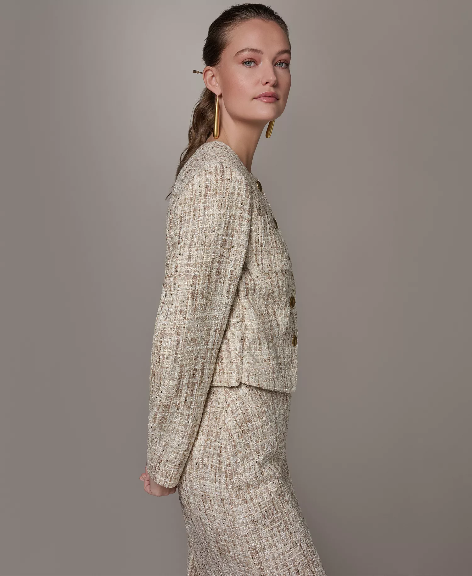 Petite Button-Front Cropped Jacket - Dark Cream Multi - 0P